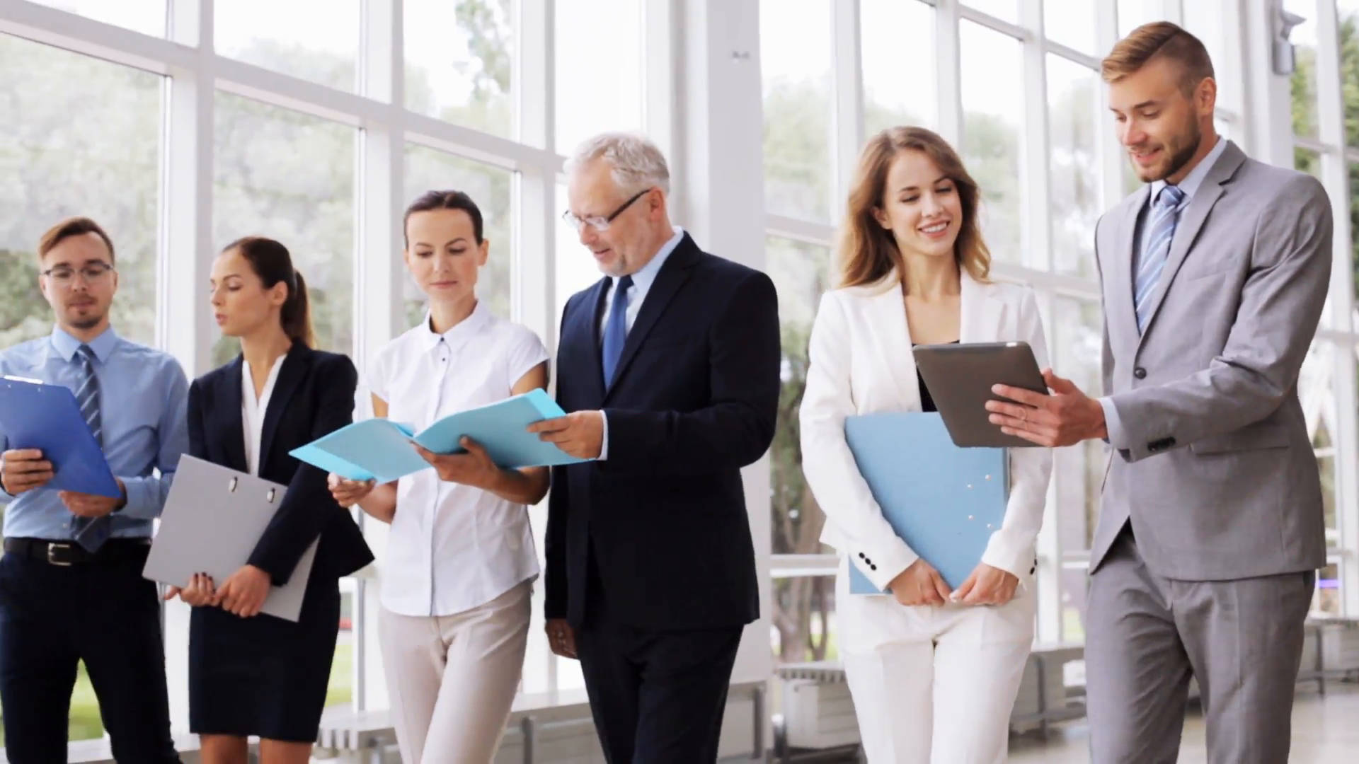 Team Holding Folders, modern office hallway, folders, Full HD Desktop Wallpaper