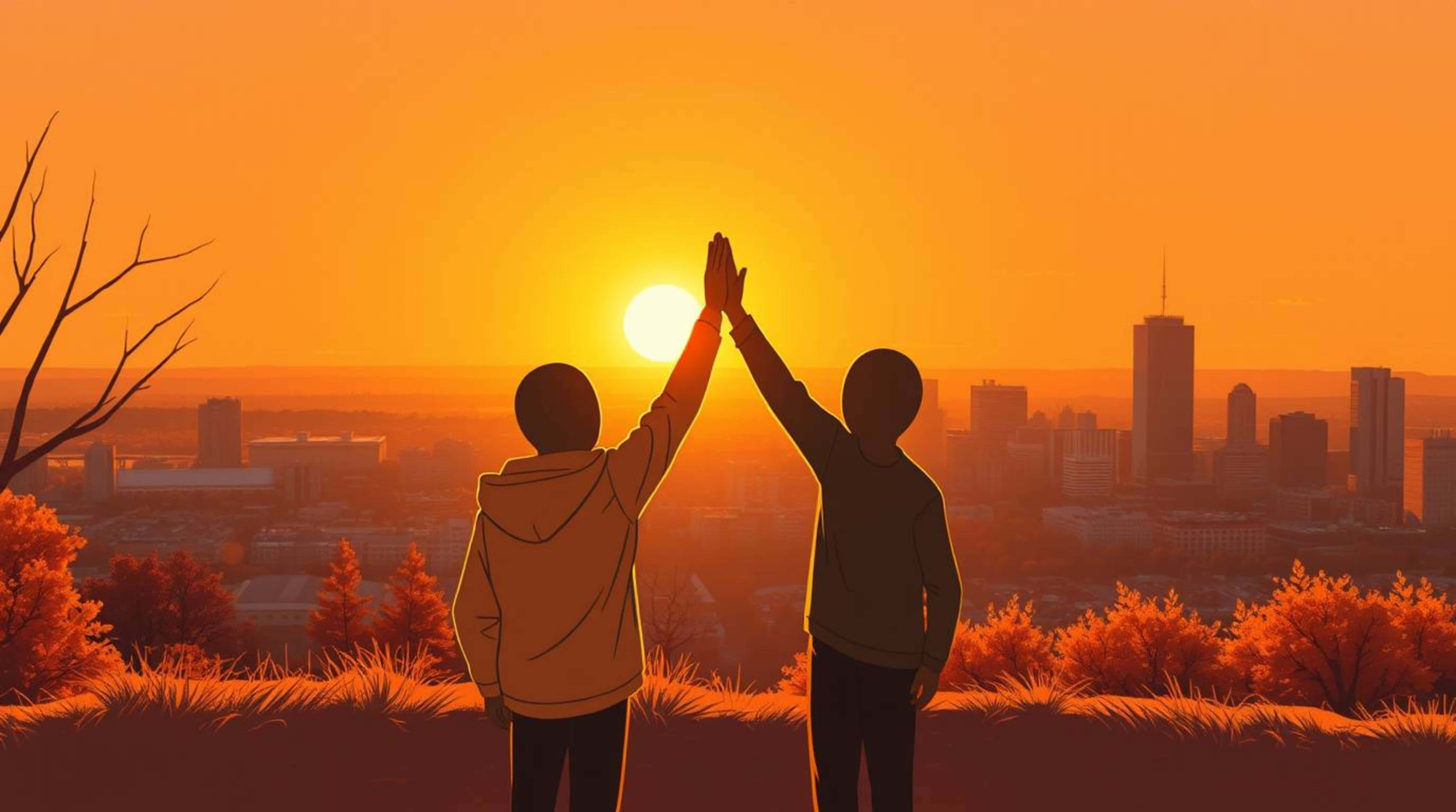 two friends, hill, city at sunset, 5K Desktop Wallpaper