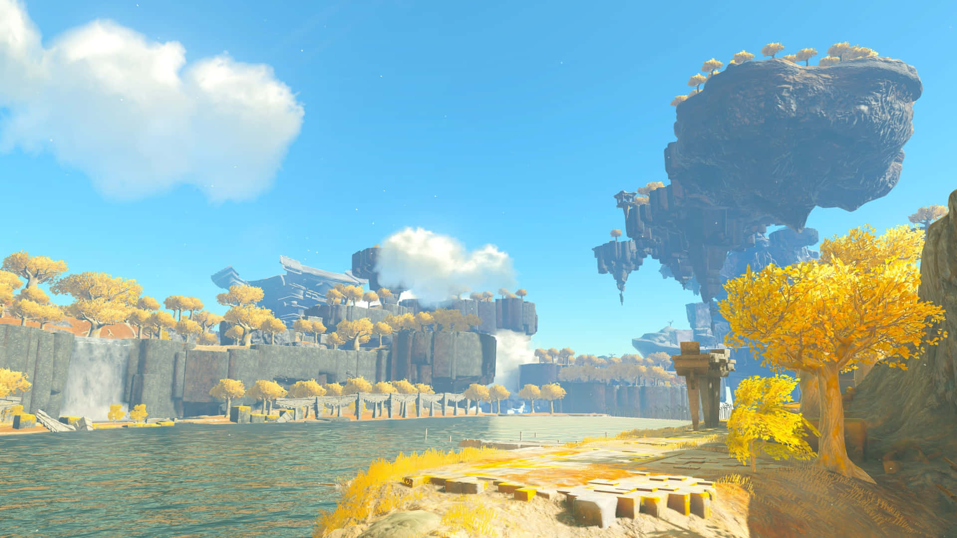 Tears Of The Kingdom, floating rock formations, golden trees, Full HD Desktop Wallpaper