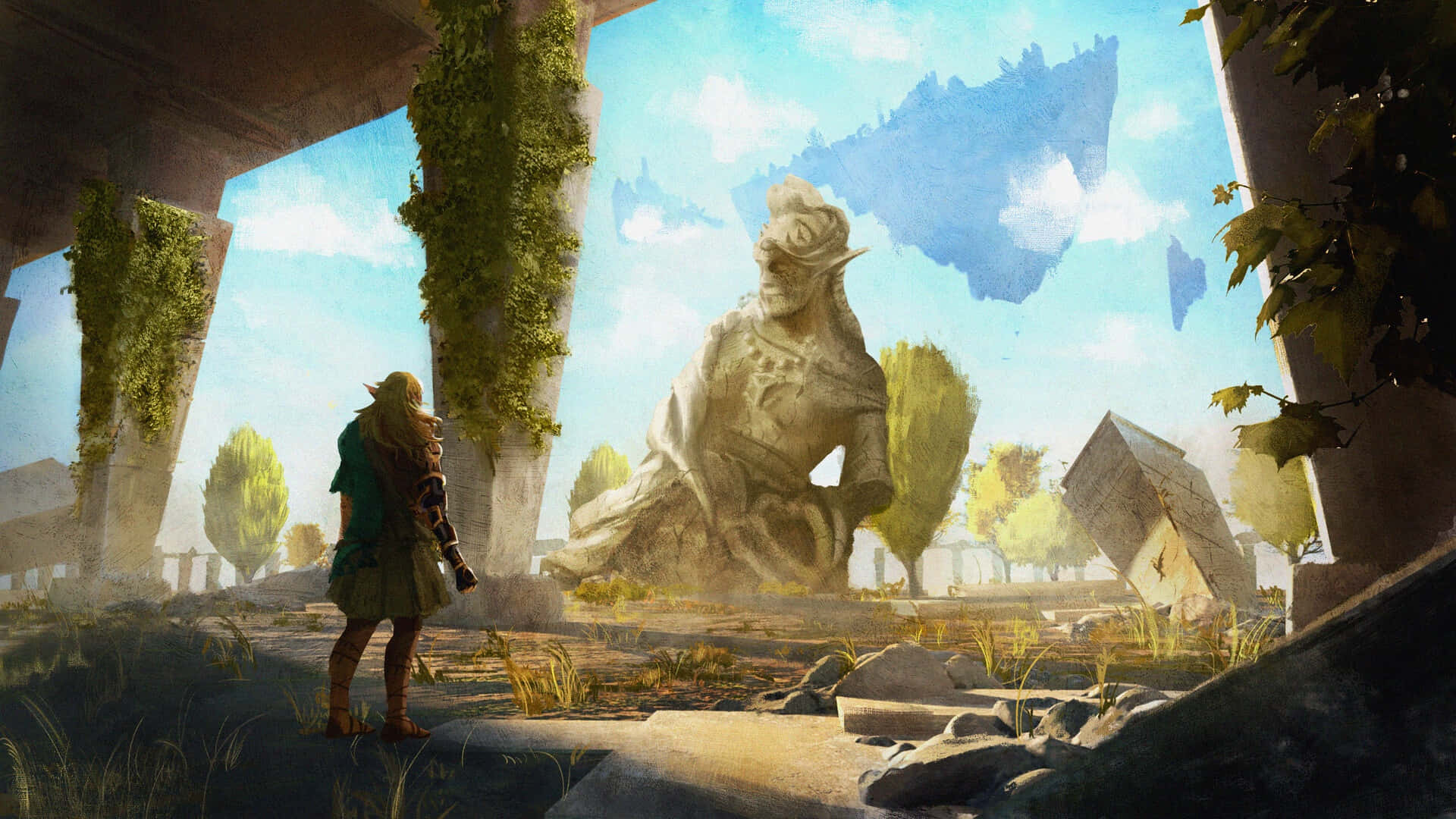 Tears Of The Kingdom, ancient statue, sunlit ruin, Full HD Desktop Wallpaper