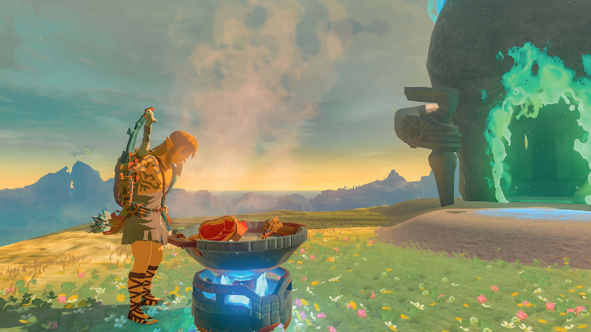 Tears Of The Kingdom, glowing blue campfire, glowing green portal, Full HD Desktop Wallpaper