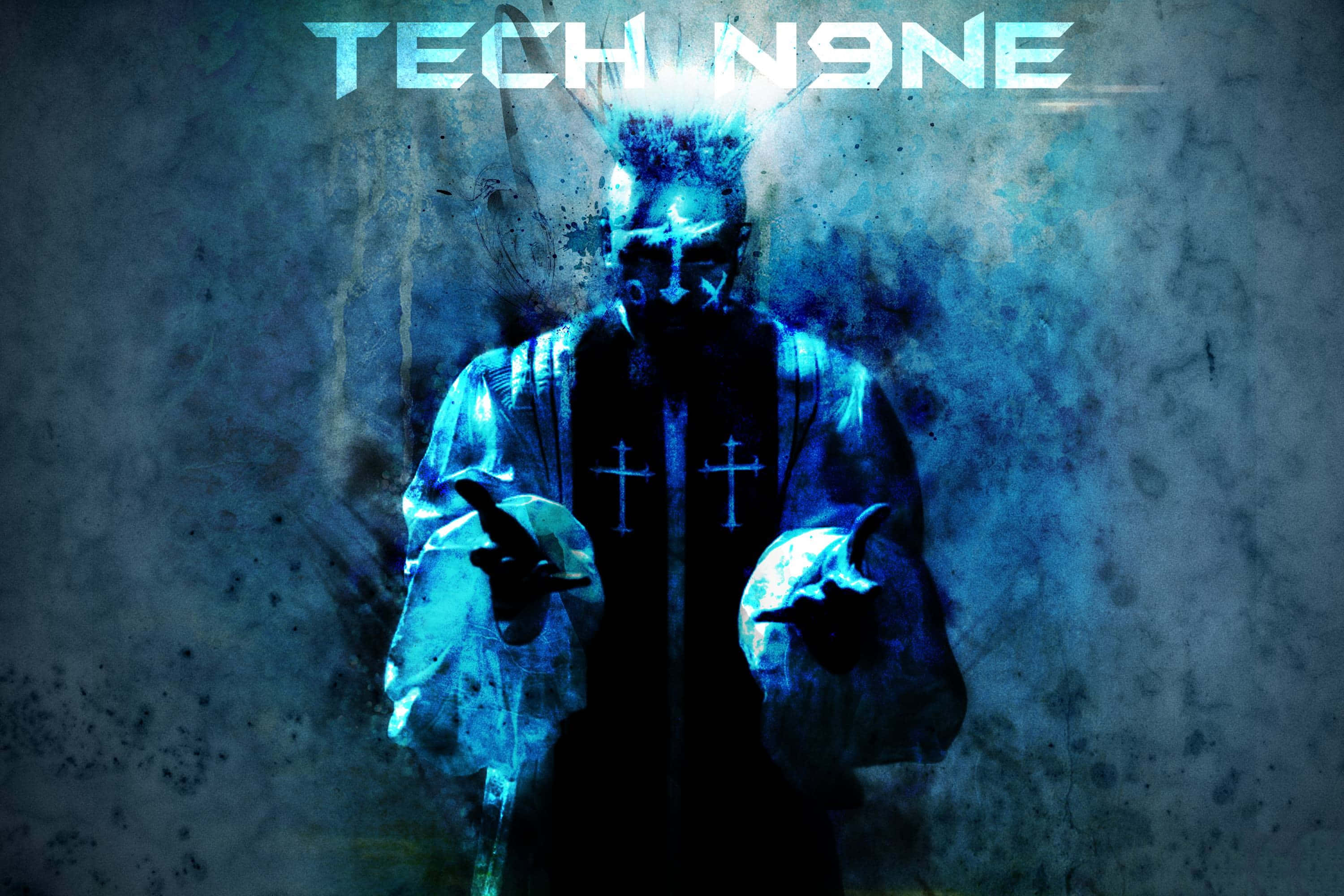 Tech N9ne, blue aura, glowing blue crosses, 2K Desktop Wallpaper