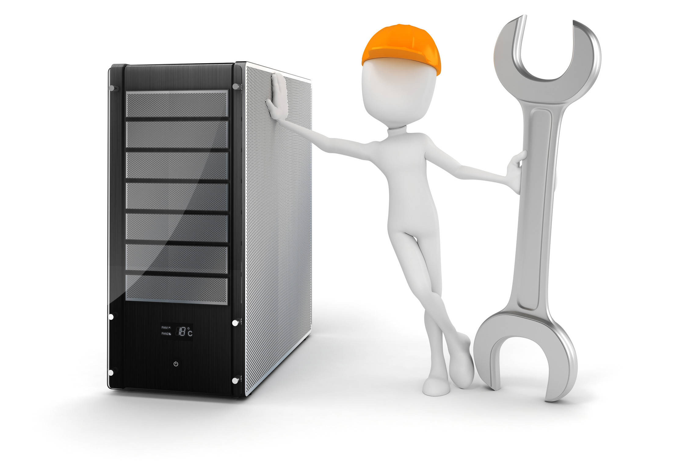 3d technician, orange hard hat, giant wrench, Full HD Desktop Wallpaper