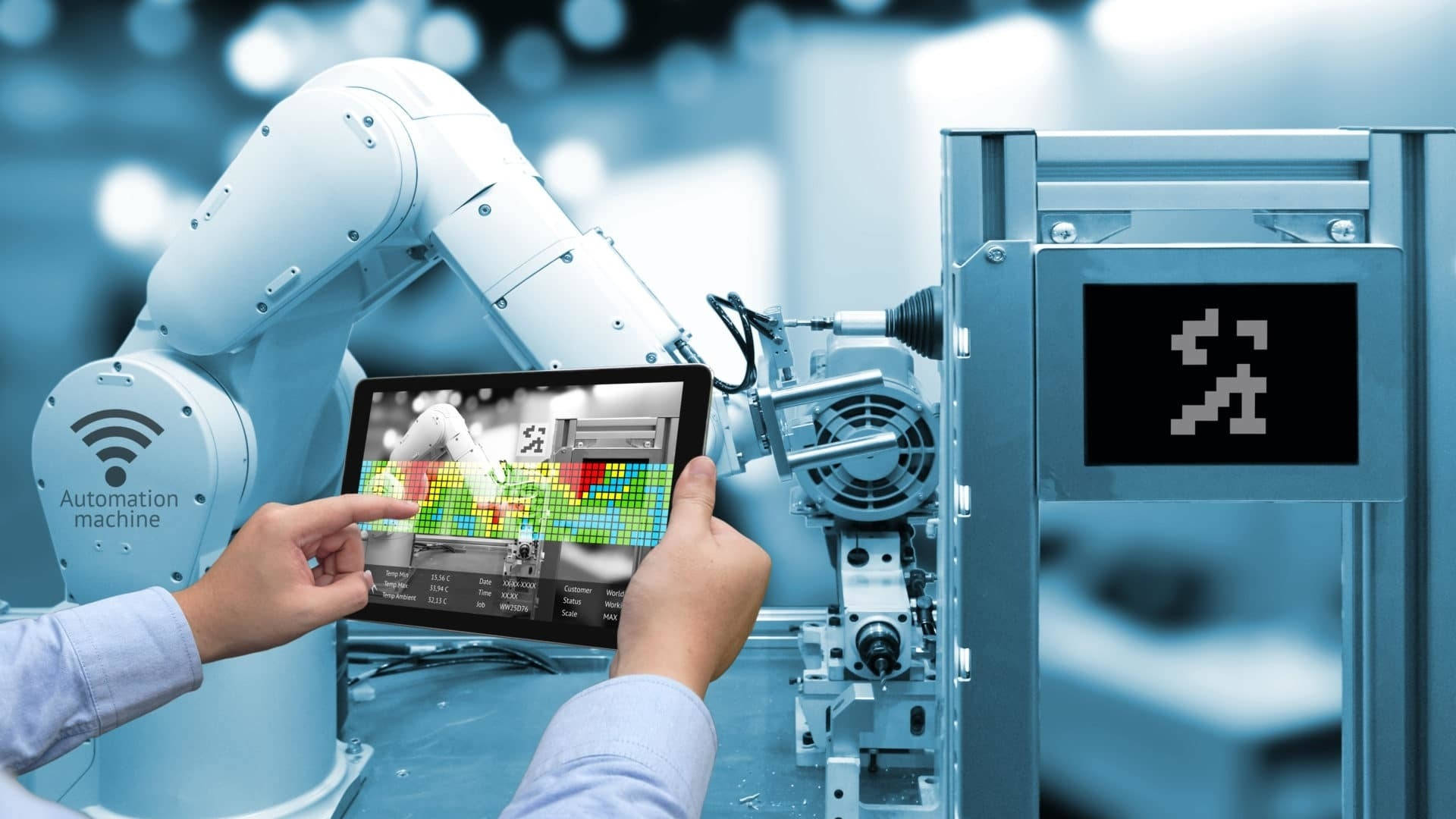 technician, tablet, white robotic arm, Full HD Desktop Wallpaper