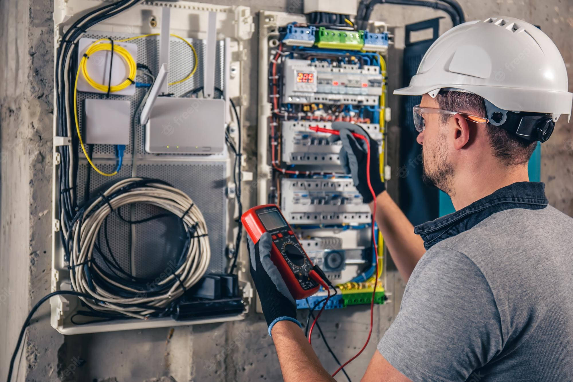 electrical technician, fuse box, multimeter, Full HD Desktop Wallpaper