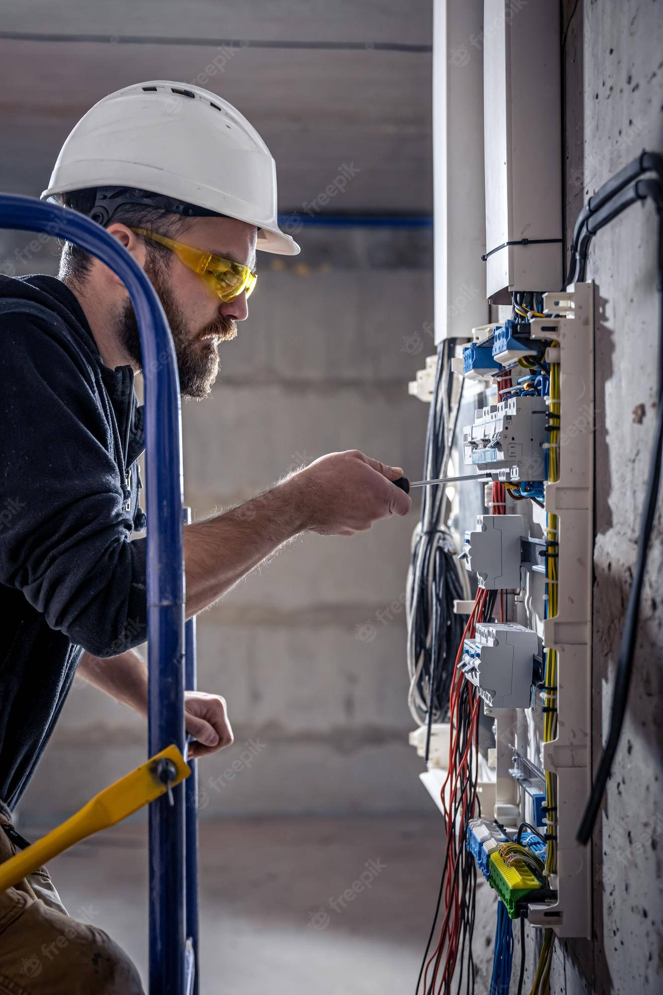 circuit breaker panel, concrete-walled construction site, hard hat, Full HD Phone Wallpaper