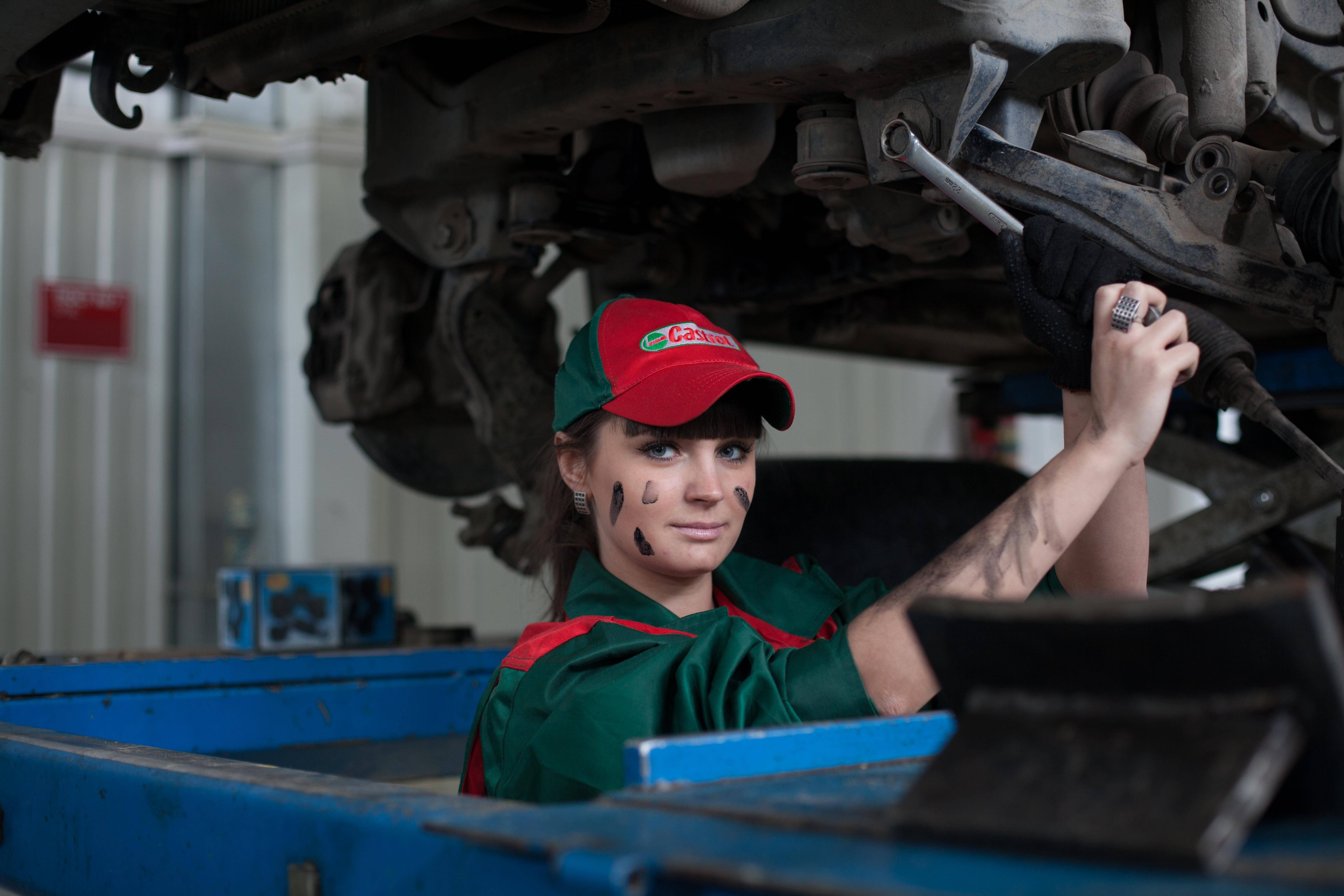female mechanic, green uniform, red cap, 5K Desktop Wallpaper