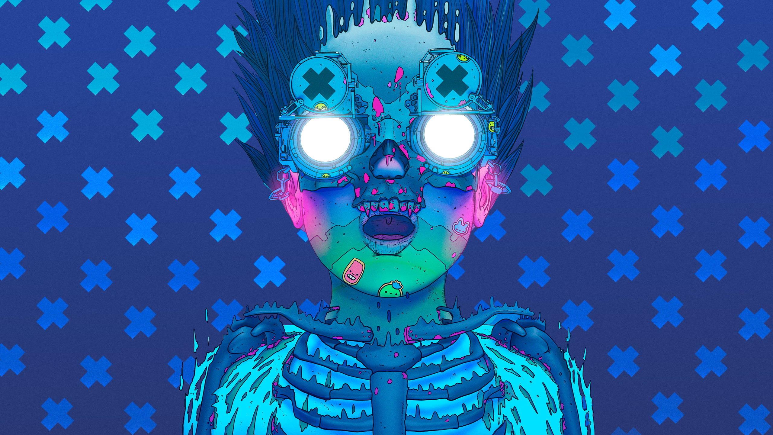 techno skeleton exposure, glowing cybernetic skull, bright eyes, 2K Desktop Wallpaper