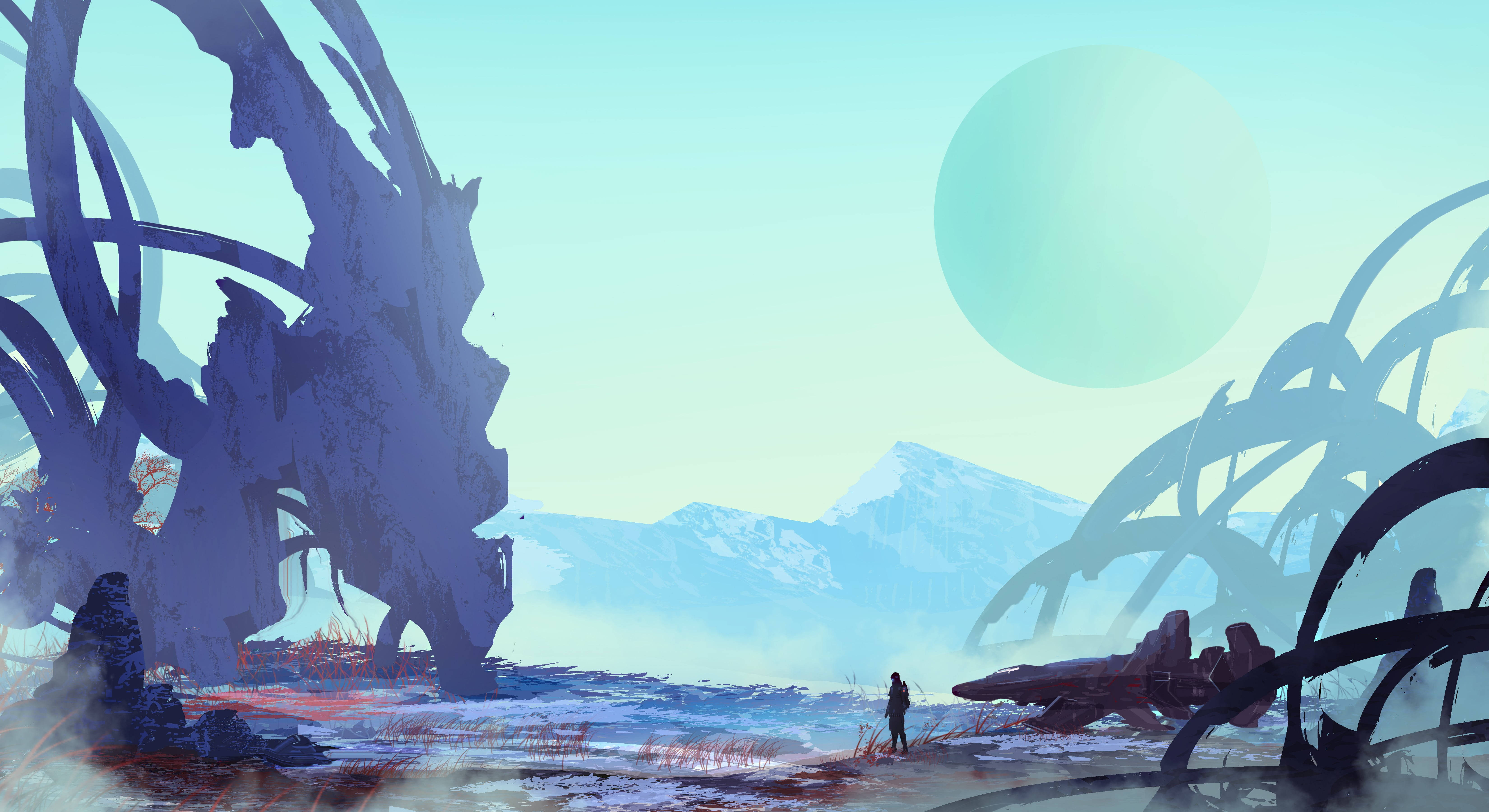 Techno, metal skeletons, colossal alien ruins, 5K Desktop Wallpaper