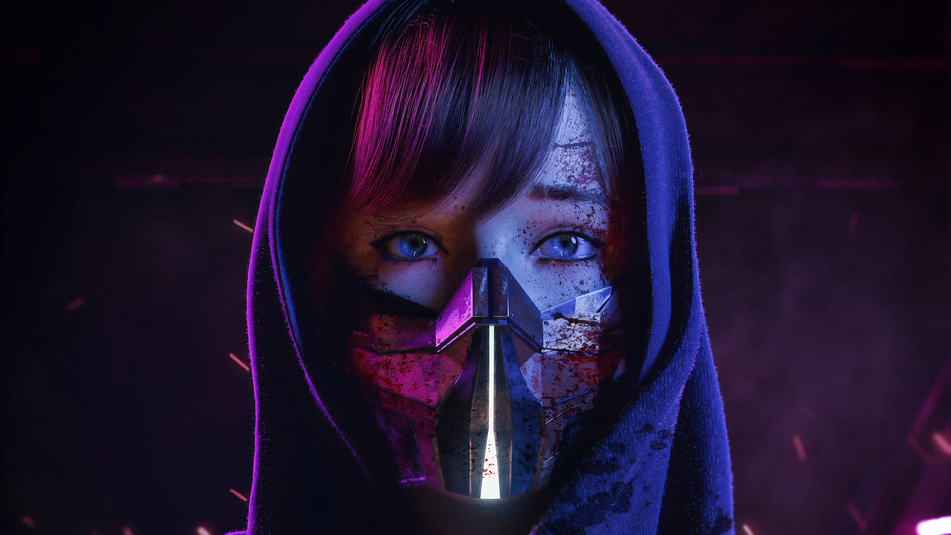 Techno Girl, glowing eyes, metallic mask, 4K Desktop Wallpaper