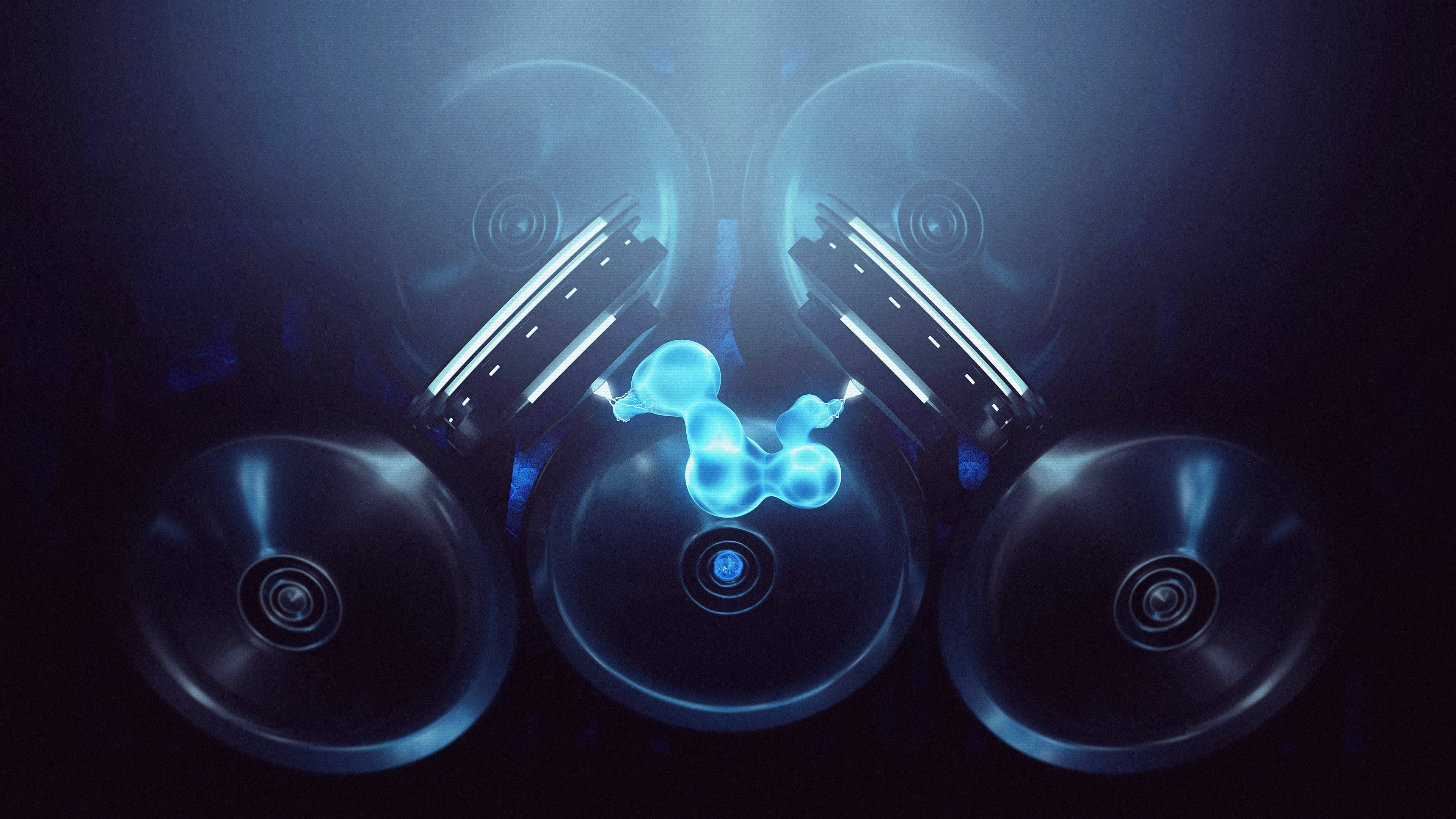 glowing blue molecular structure, four dark circular panels, dramatic blue lighting, 4K Desktop Wallpaper