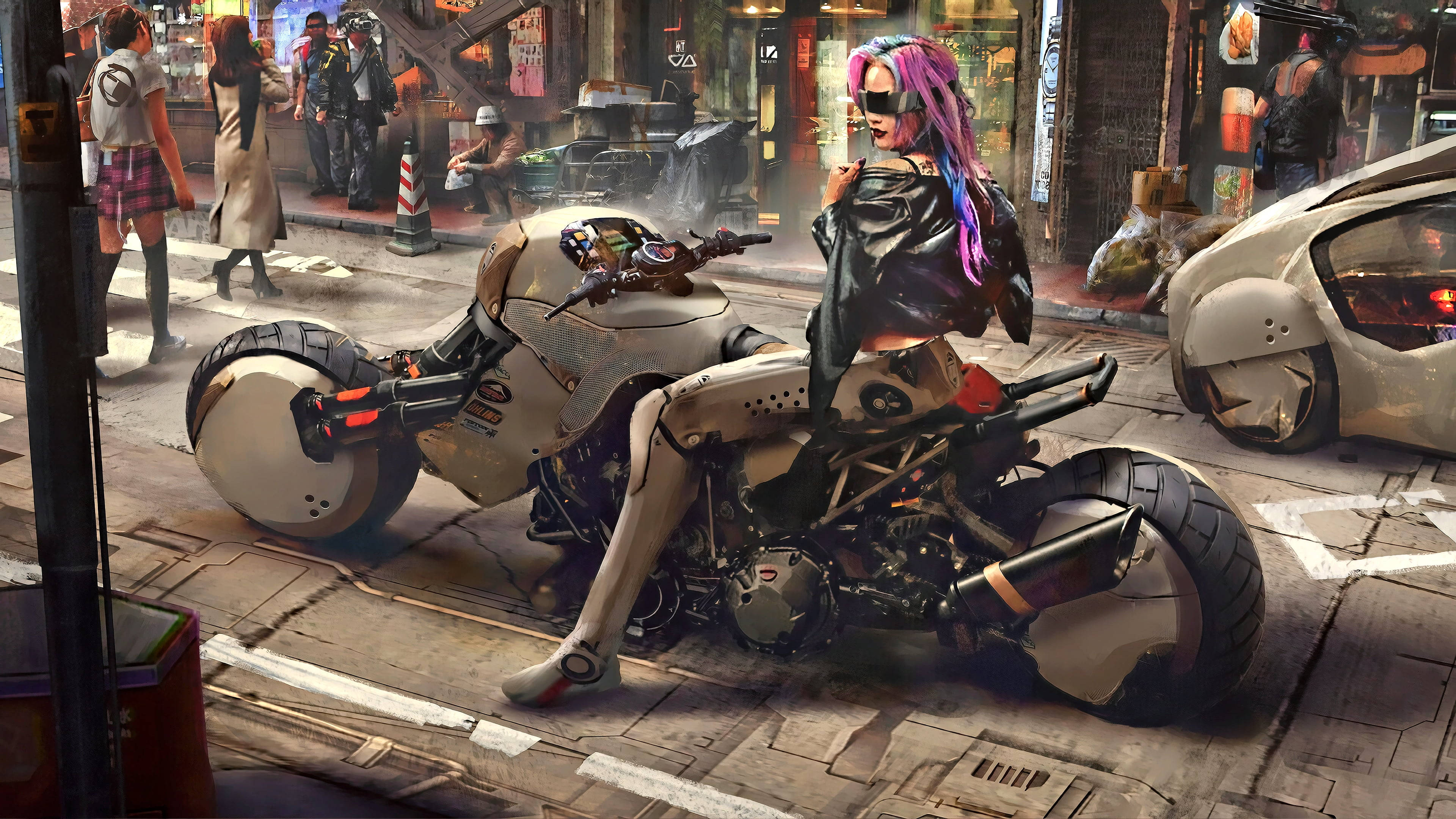 cyberpunk woman, pink hair, futuristic motorcycle, 4K Desktop Wallpaper