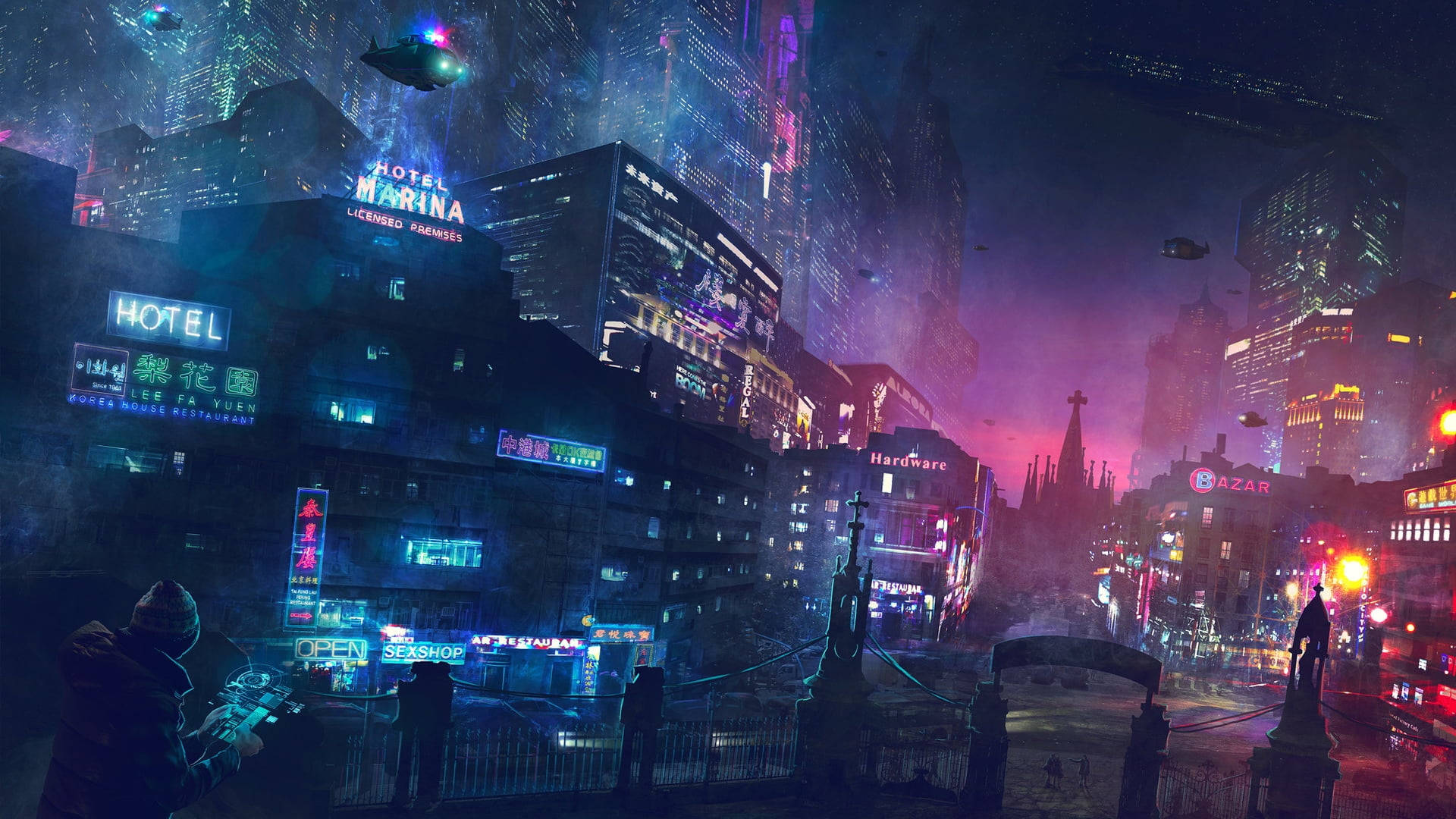 Techno, neon-drenched, cyberpunk cityscape, Full HD Desktop Wallpaper