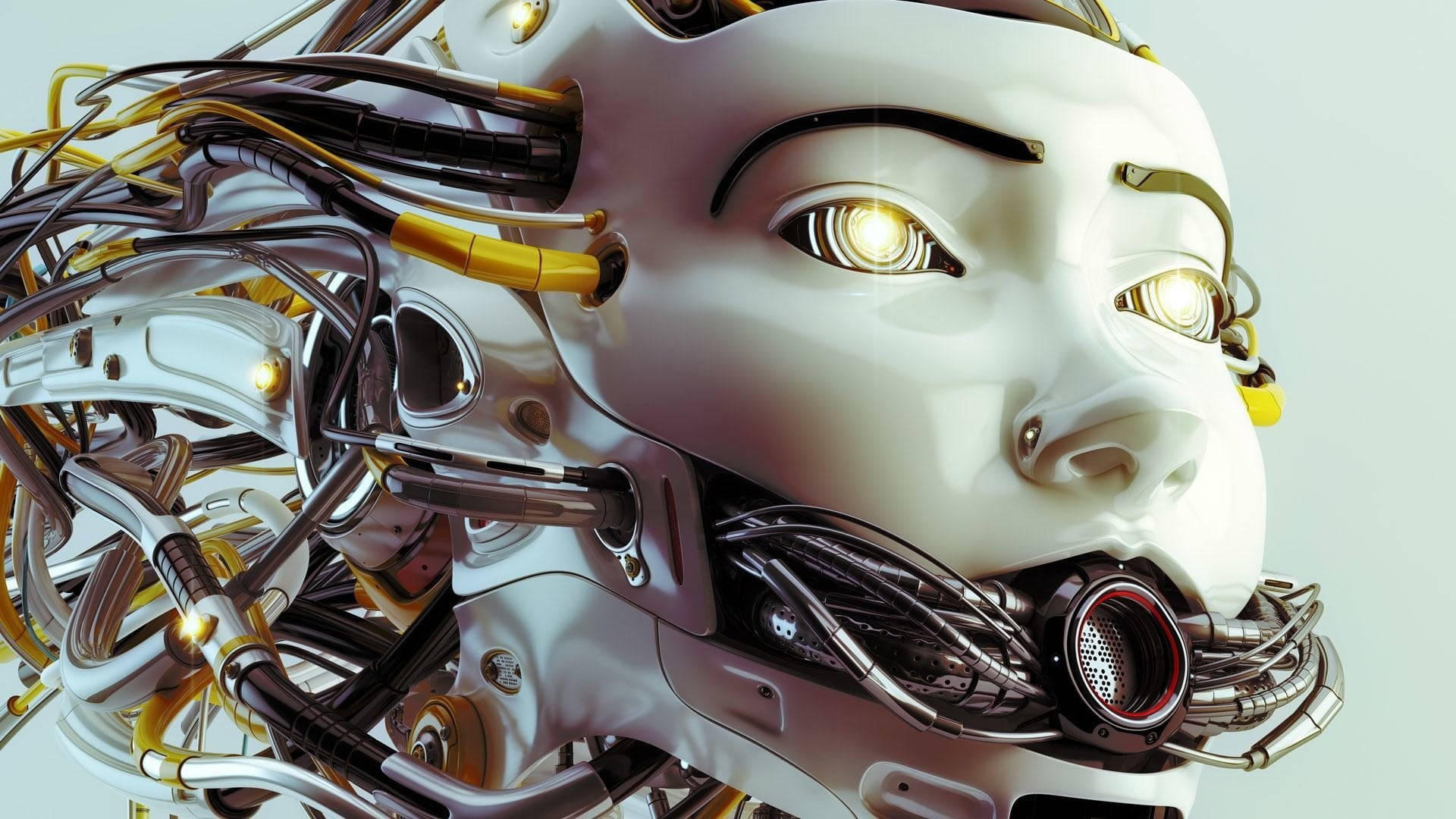 techno robot, glowing eyes, exposed internal wiring, Full HD Desktop Wallpaper
