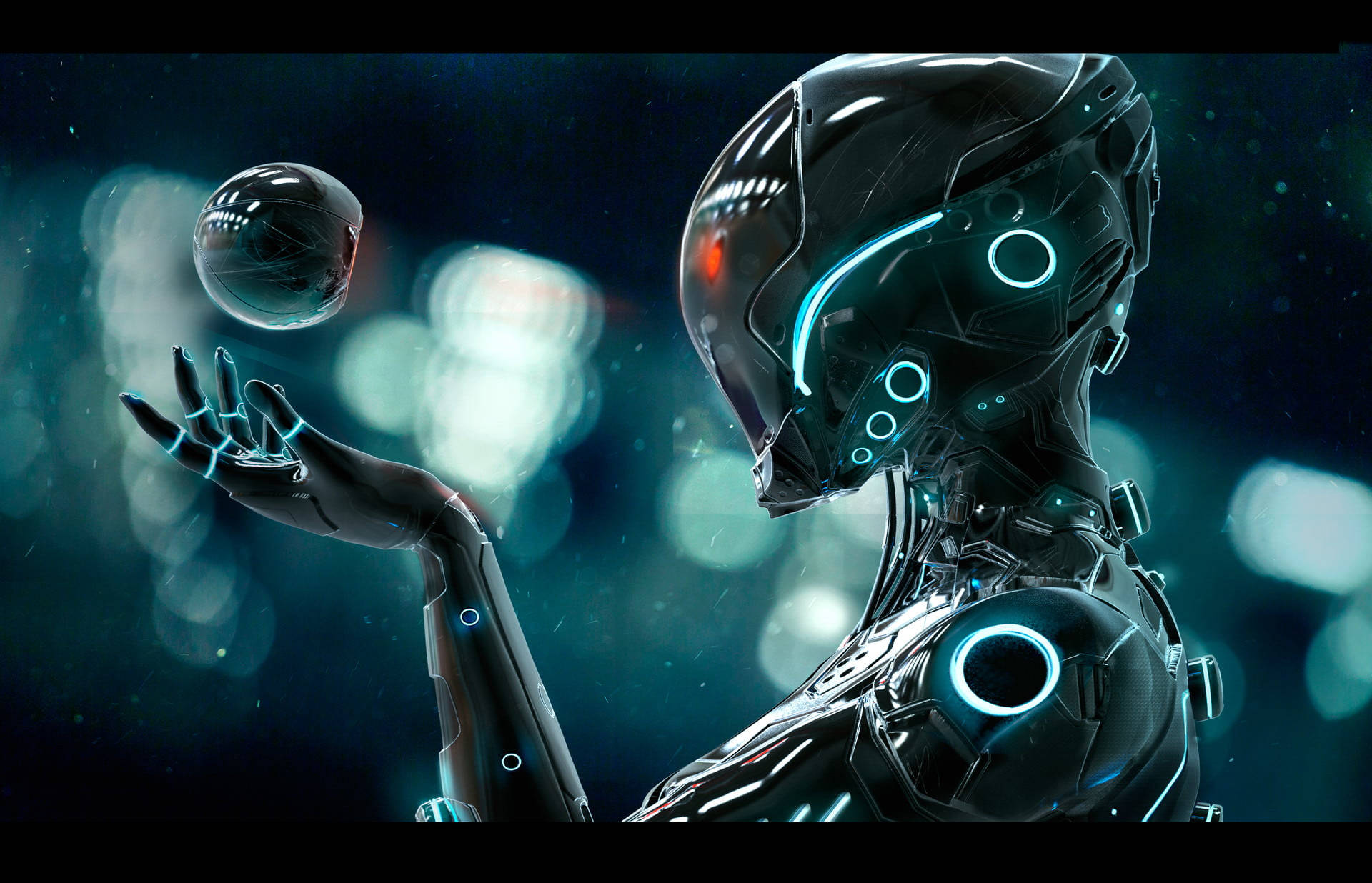techno robot, drone, glowing blue circuits, Full HD Desktop Wallpaper