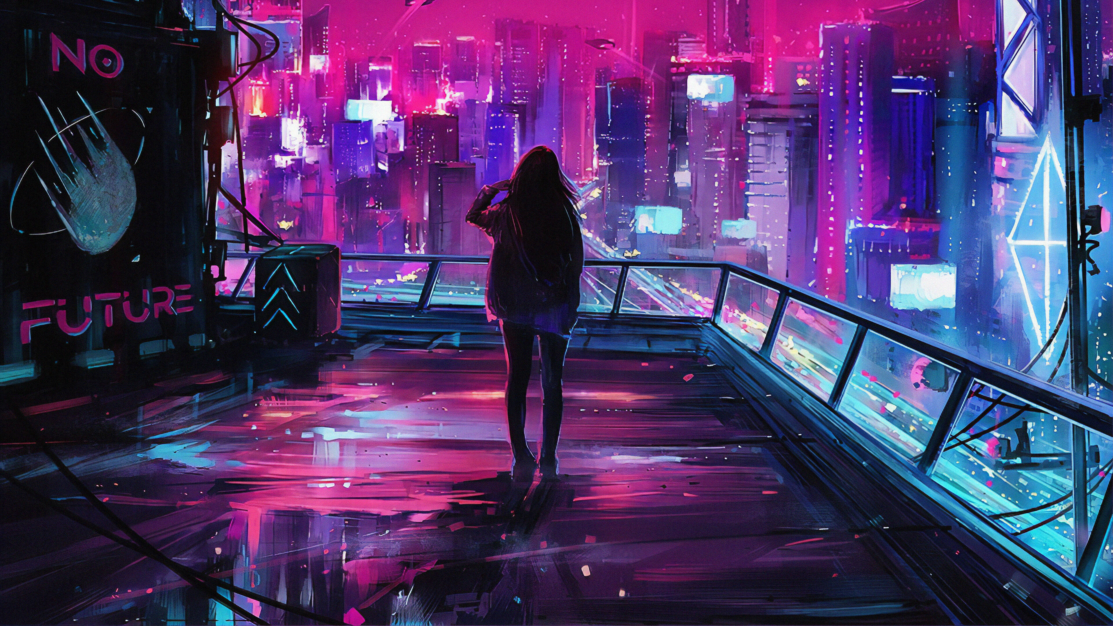 Techno, nighttime, neon-drenched rooftop, 4K Desktop Wallpaper