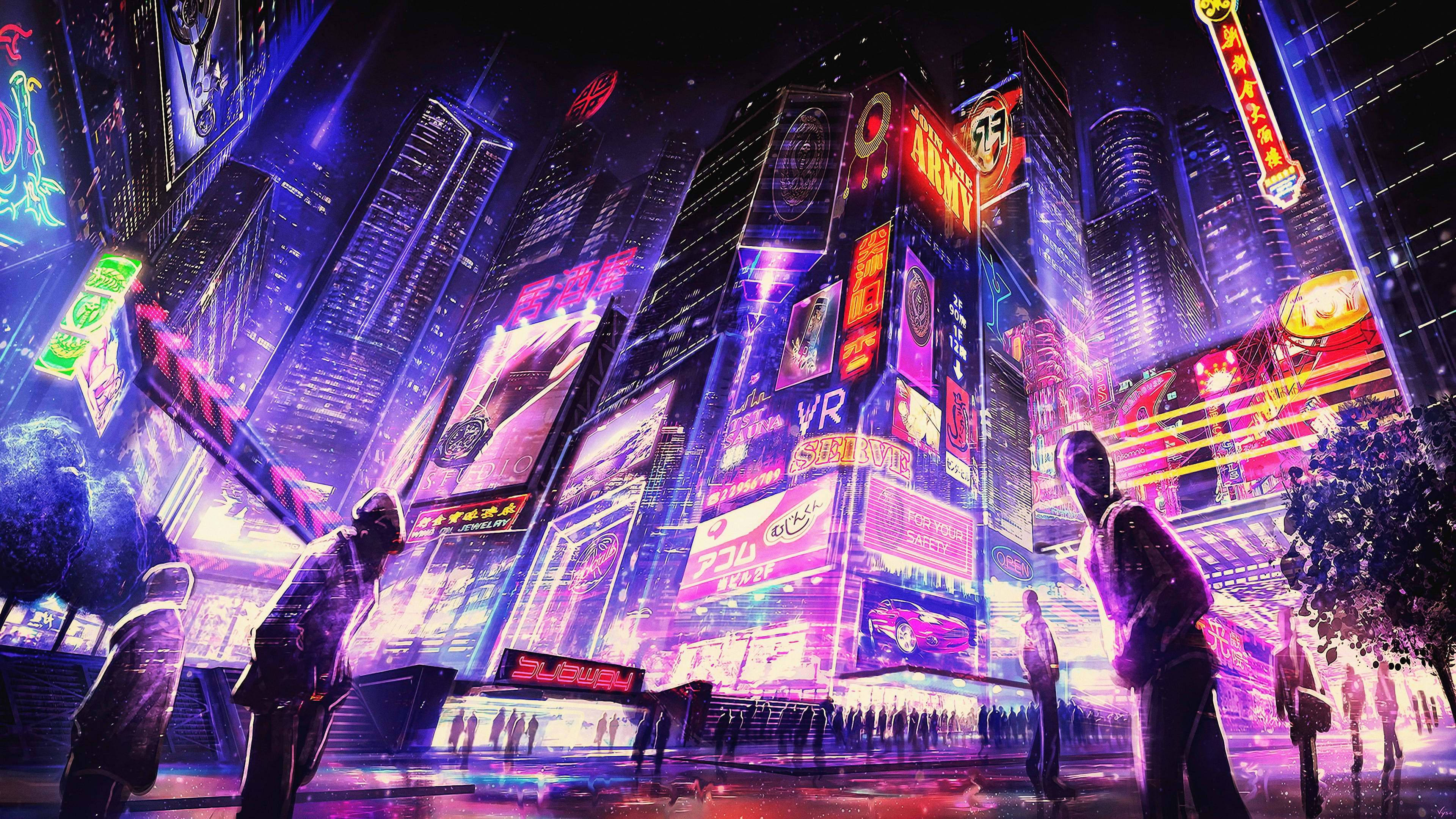 Techno, neon-drenched, cyberpunk cityscape, 4K Desktop Wallpaper