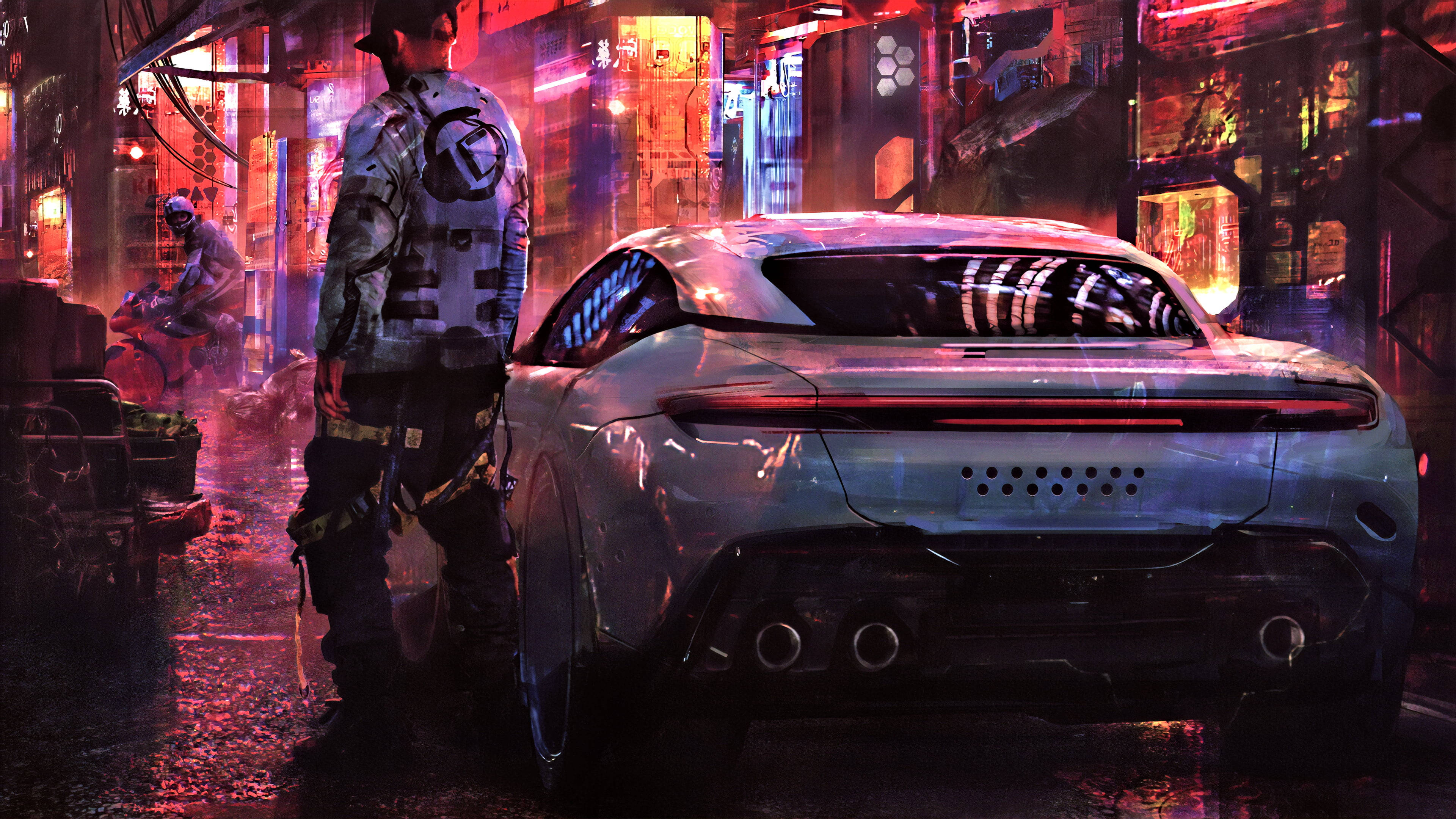 white car, neon lights, rainy cyberpunk alleyway, 4K Desktop Wallpaper