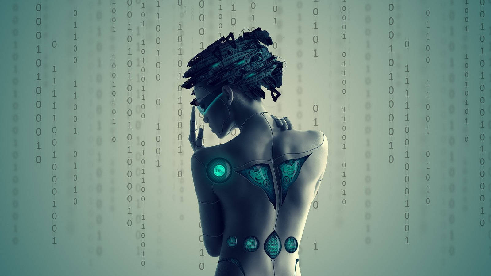Techno Woman, glowing teal circuits, binary code, HD Desktop Wallpaper
