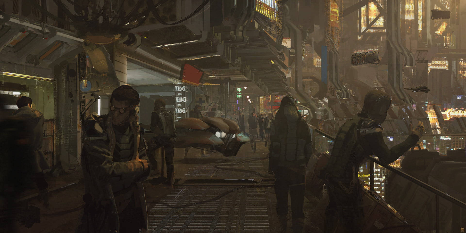 Techno, cyberpunk alleyway, neon signs, Full HD Desktop Wallpaper