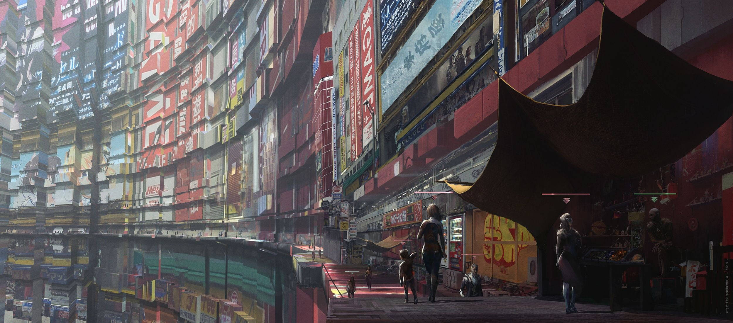 Techno, cyberpunk alleyway, neon-lit buildings, Full HD Desktop Wallpaper