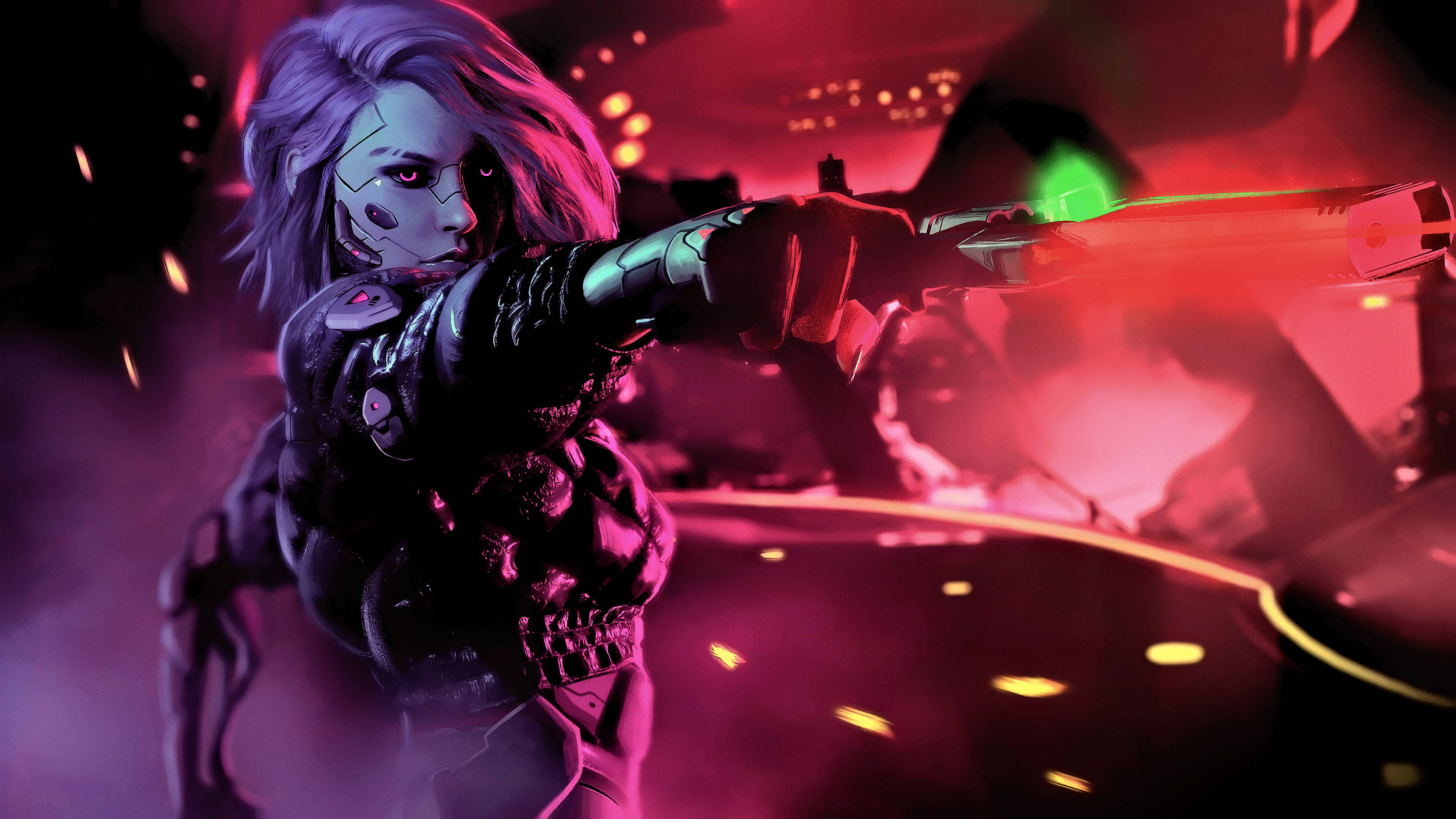 Techno Woman, glowing purple hair, neon green laser rifle, 4K Desktop Wallpaper