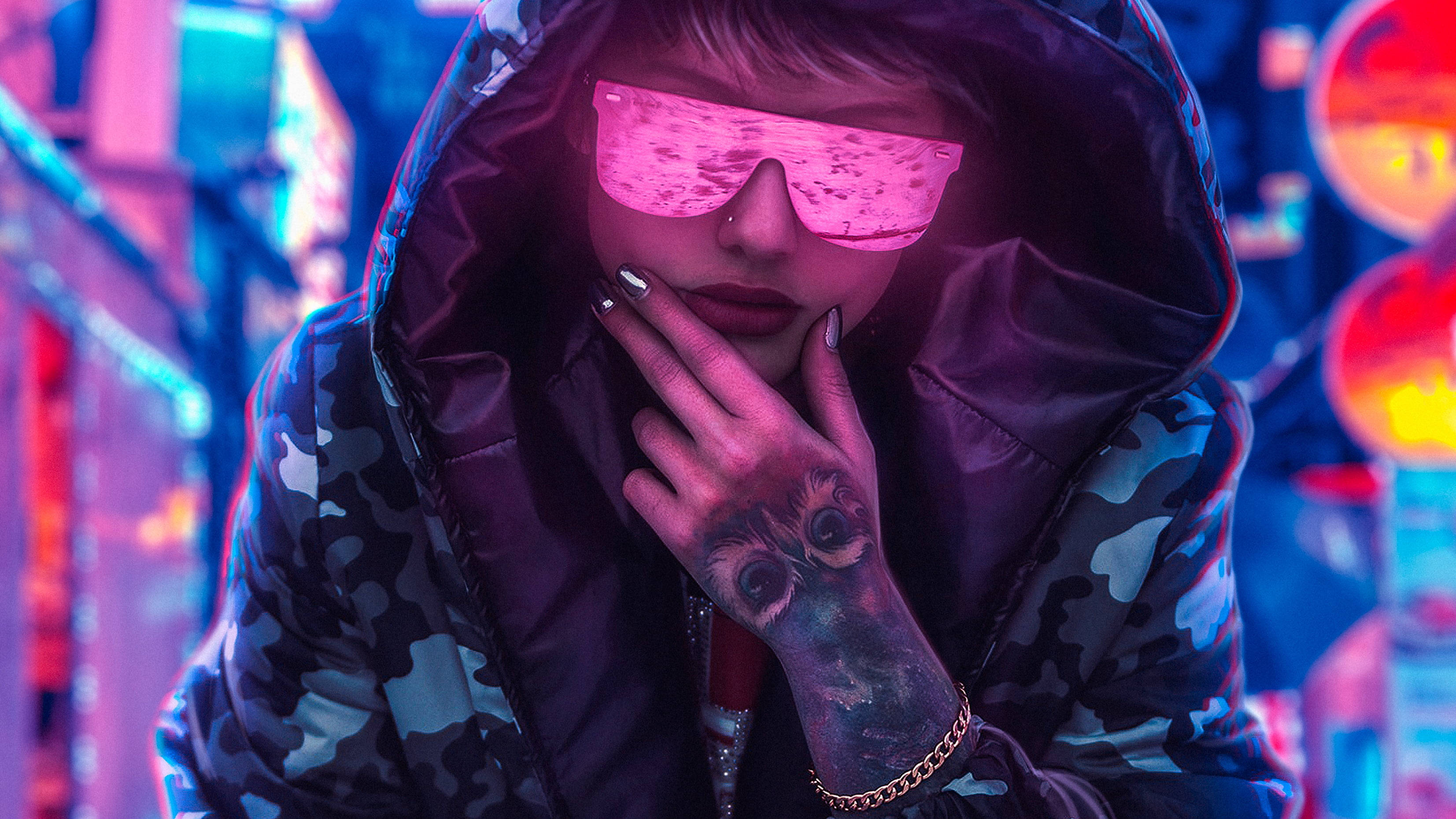 camouflage hoodie, pink glowing sunglasses, tattooed hand, 2K Desktop Wallpaper