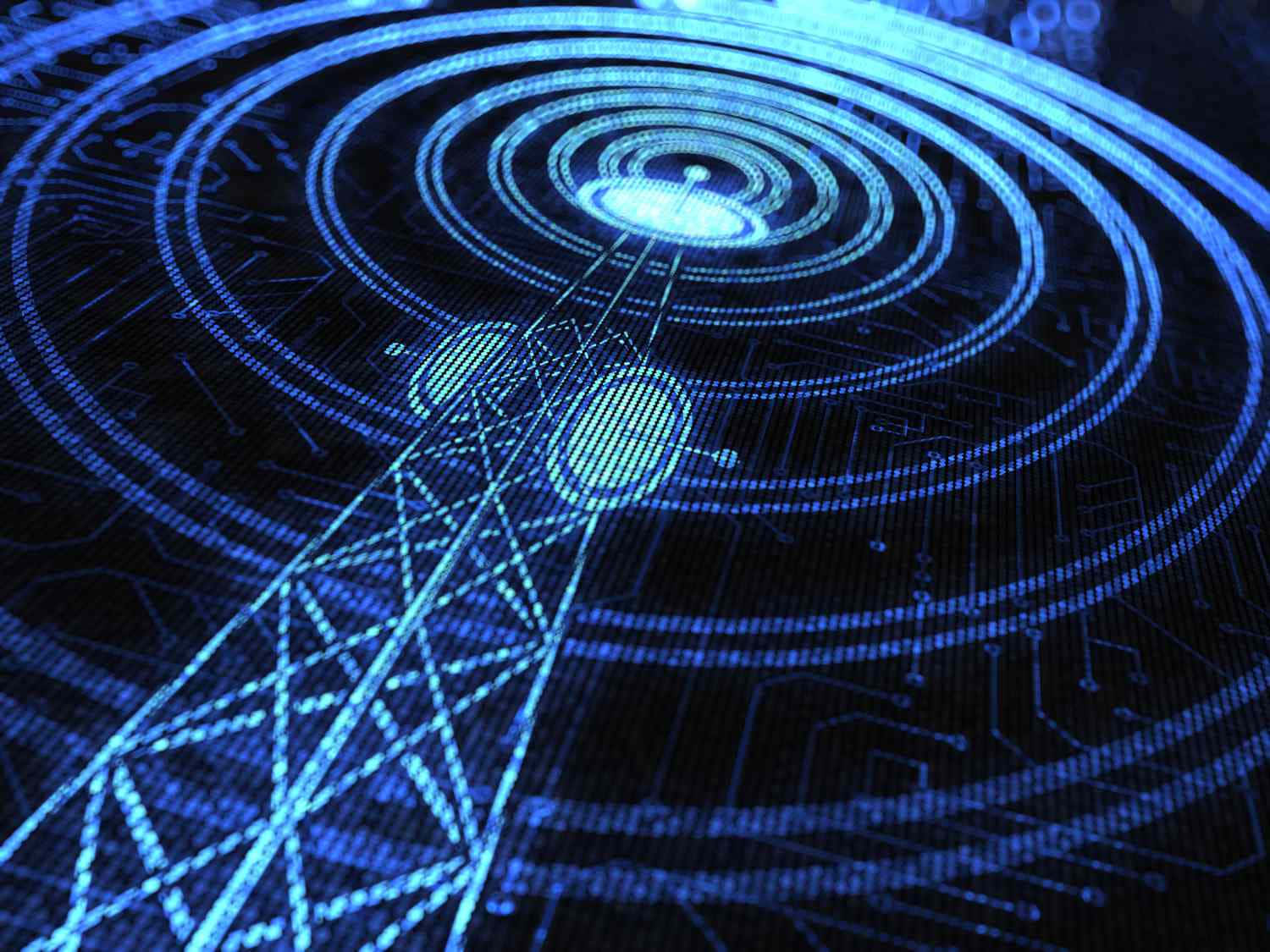 broadcast station tower, blue radio waves, glowing blue digital radar tower, HD Desktop Wallpaper