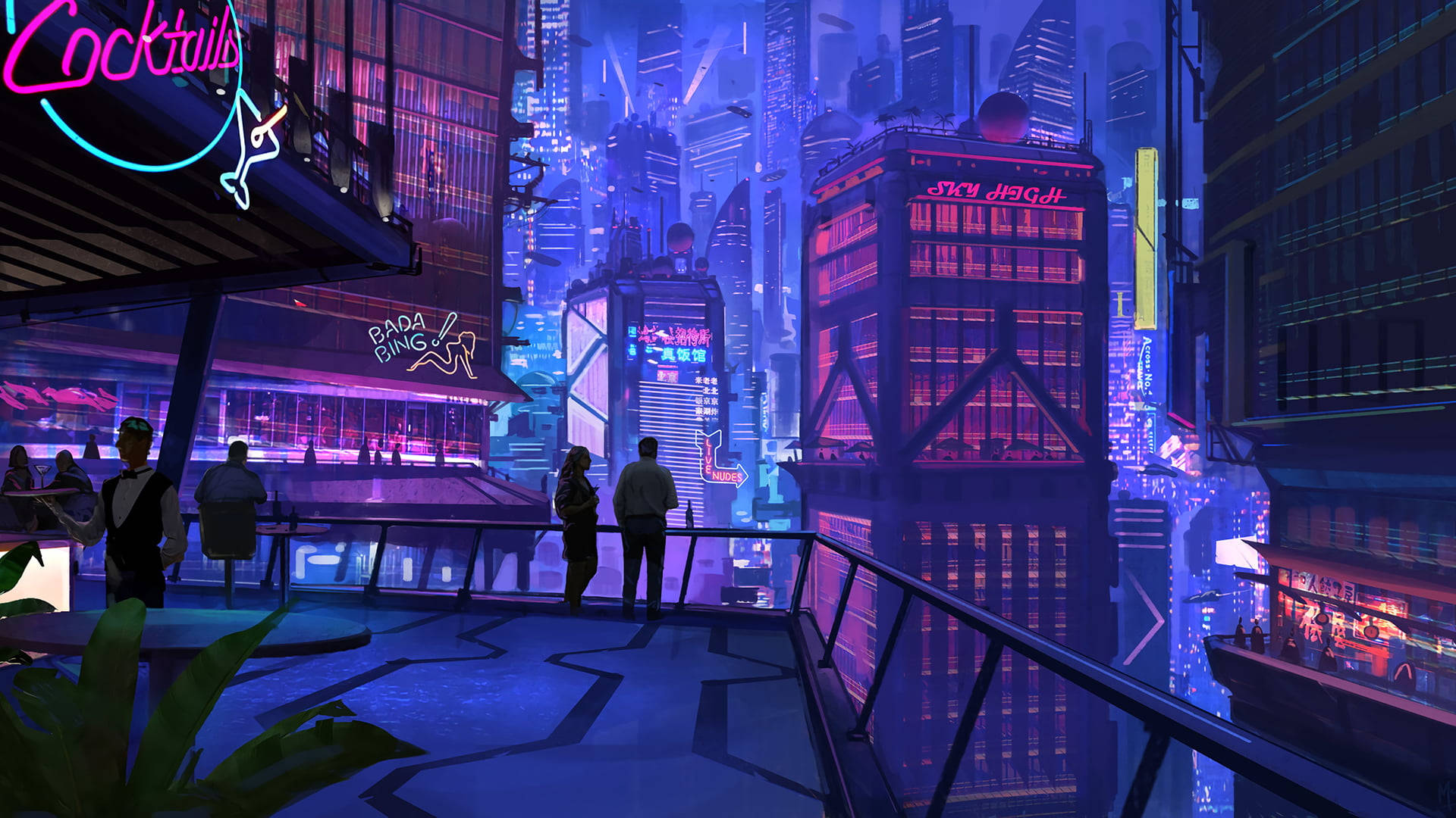 neon-drenched cyberpunk cityscape, night, towering skyscrapers, Full HD Desktop Wallpaper