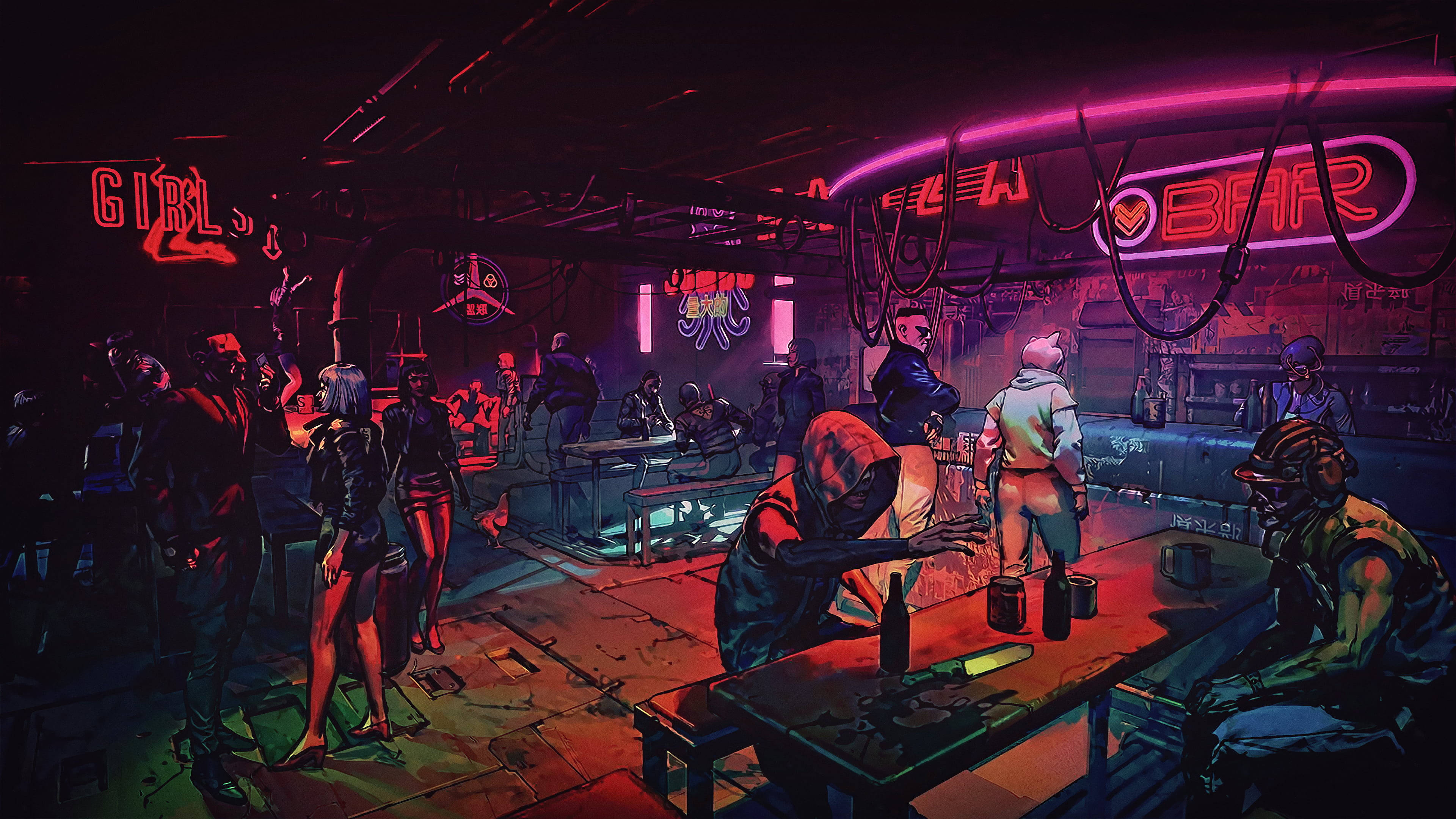 Techno, neon-drenched, cyberpunk bar, 4K Desktop Wallpaper