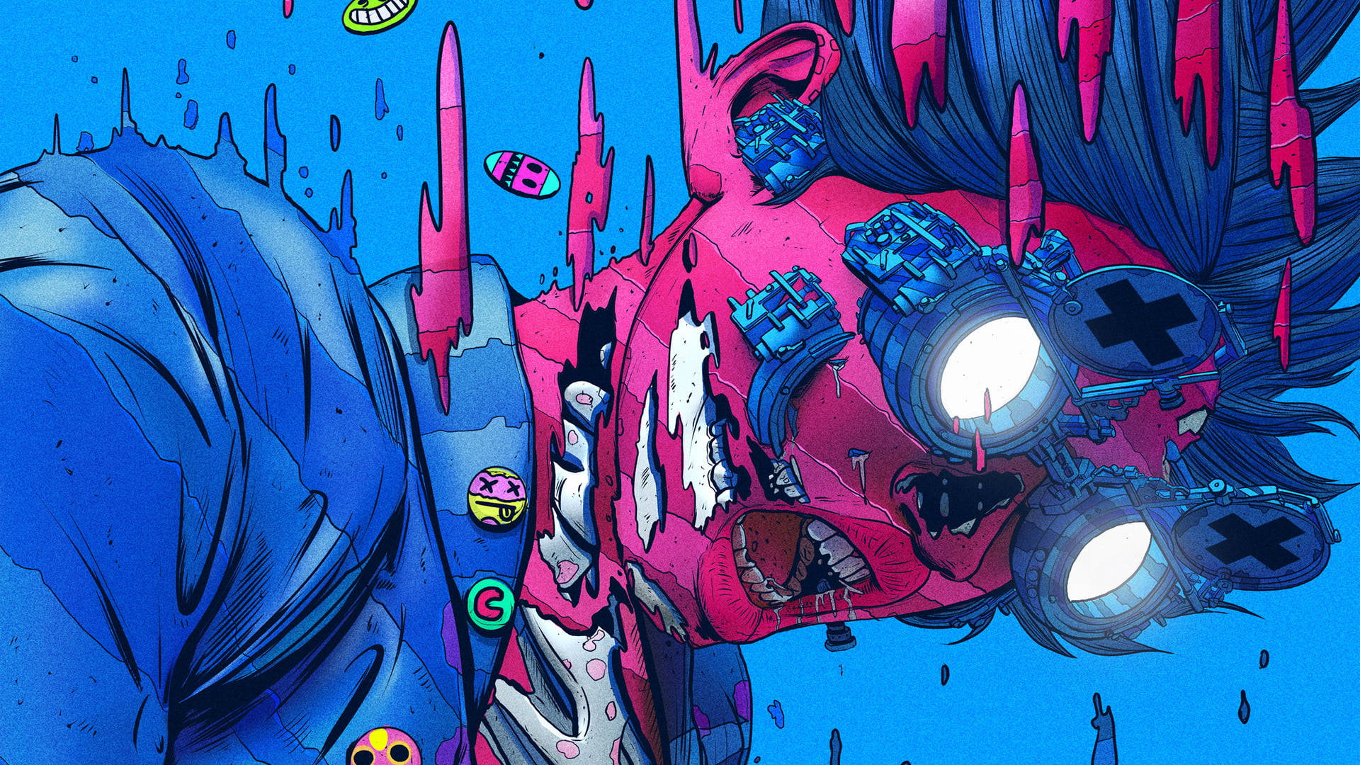 Techno, pink flesh, glowing mechanical eyes, Full HD Desktop Wallpaper