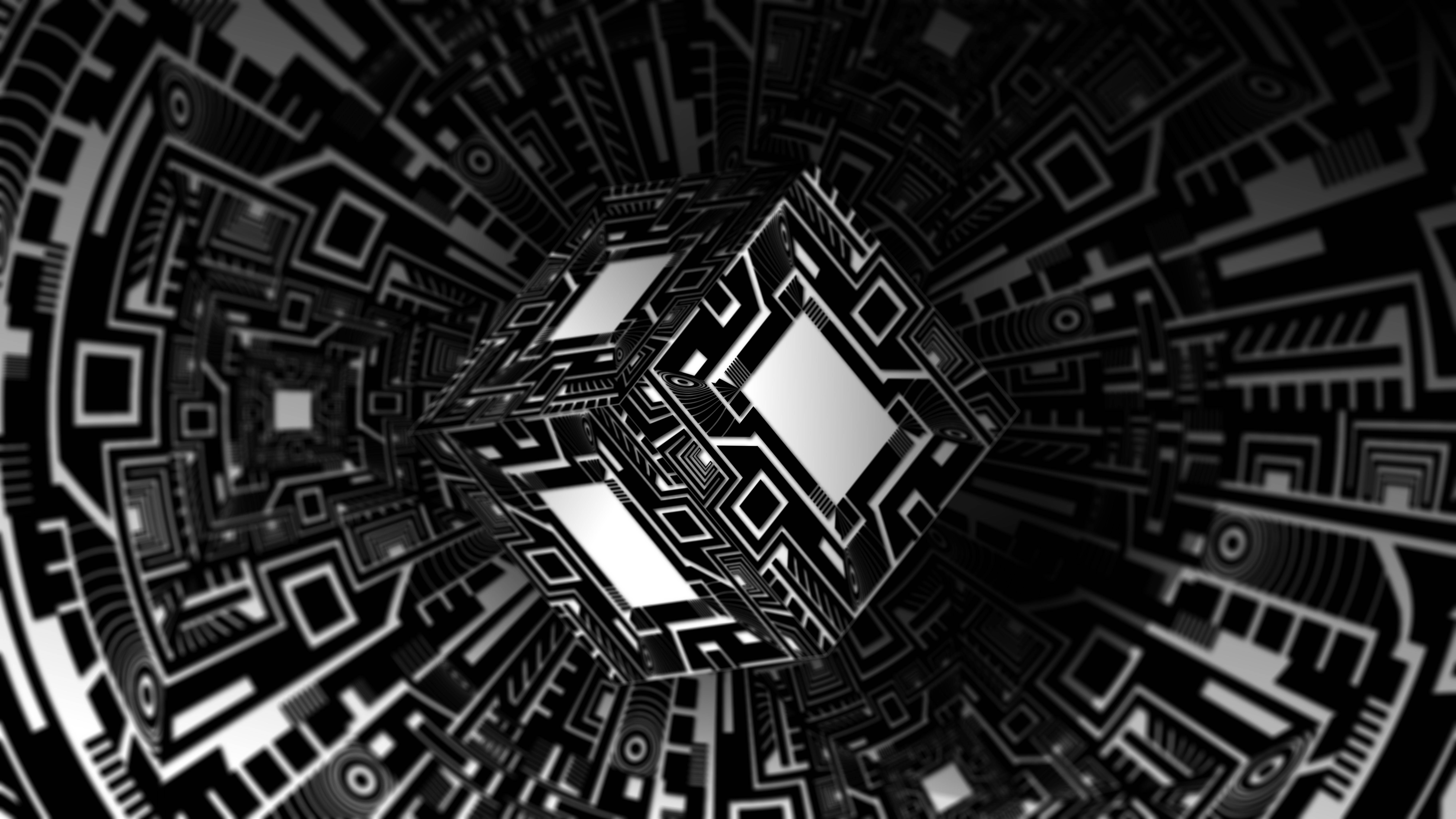 techno cube, circuit-like patterns, geometric cube, 8K Desktop Wallpaper