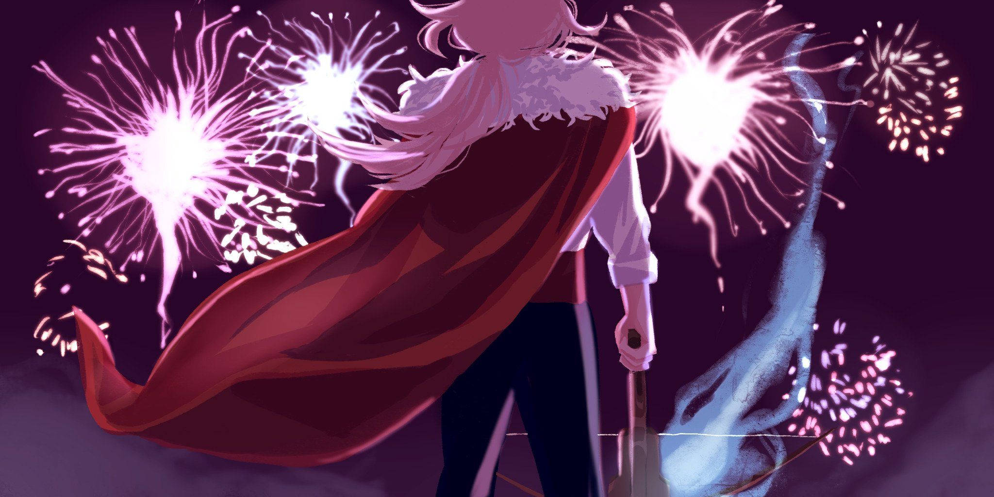 Technoblade, red cape, vibrant purple fireworks, Full HD Desktop Wallpaper