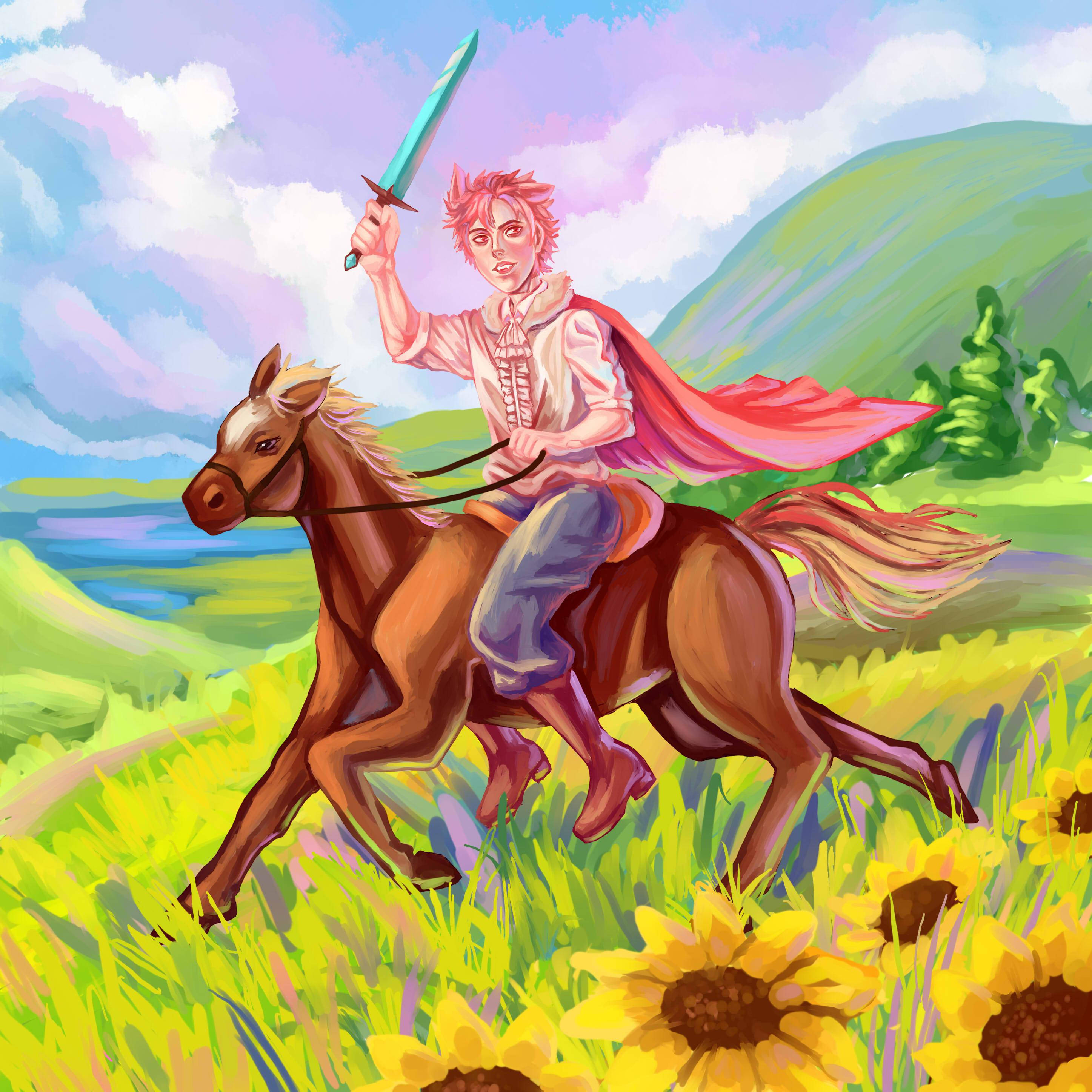 Technoblade, red-haired knight, galloping horse, 2K Desktop Wallpaper