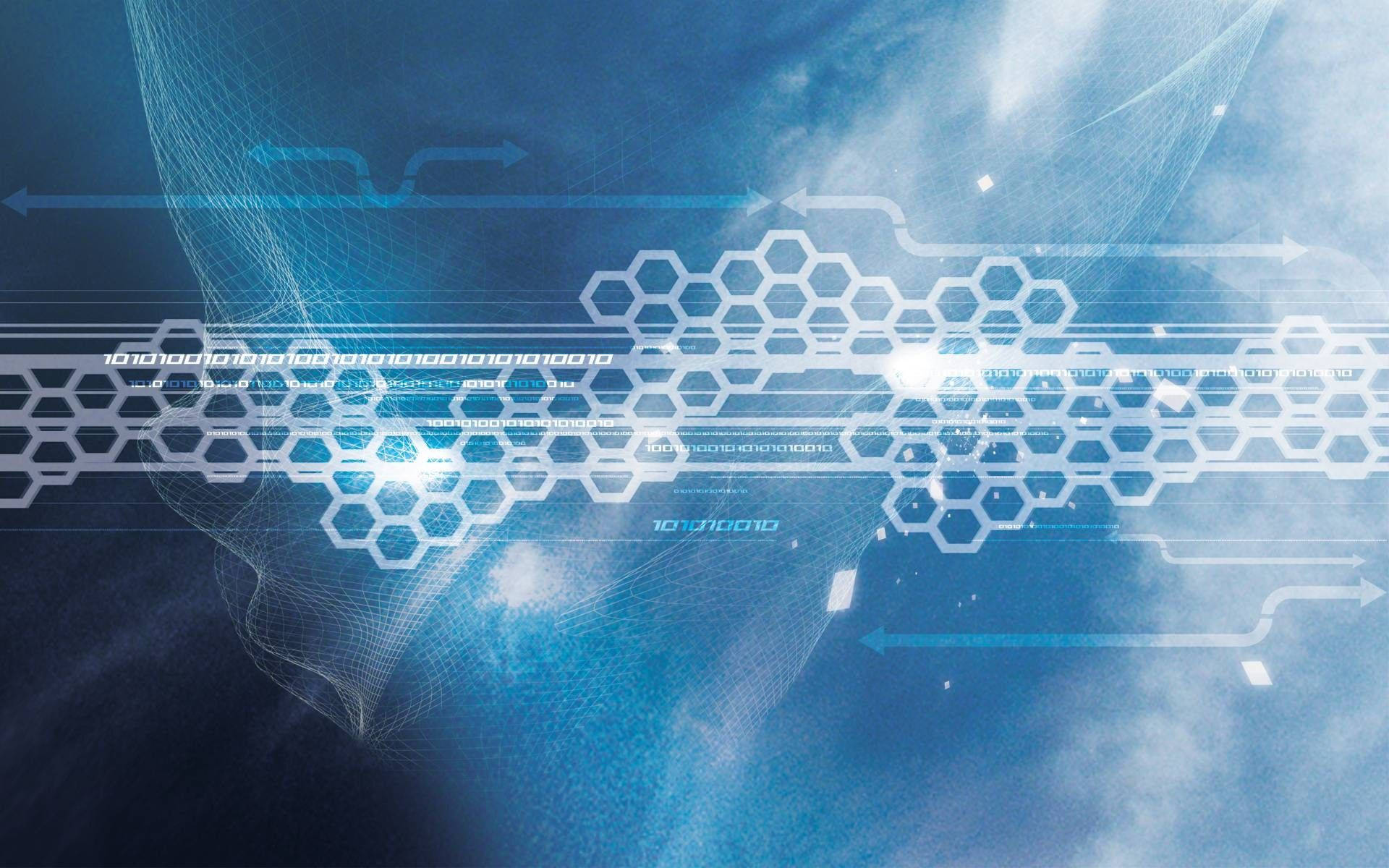 hexagonal technology motion grid, glowing blue hexagonal grids, cosmic nebula backdrop, Full HD Desktop Wallpaper