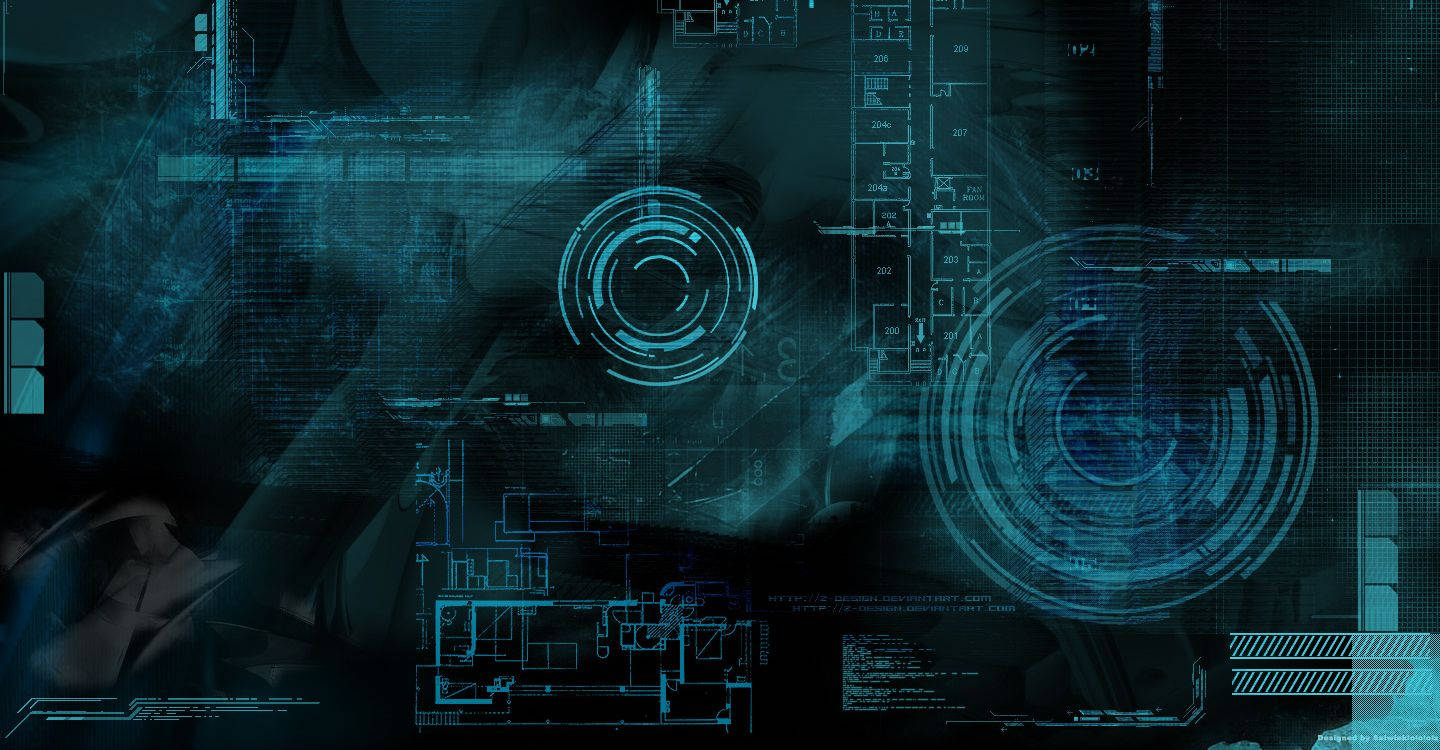 blue holographic elements, circuitry overlays, dark background, HD Desktop Wallpaper