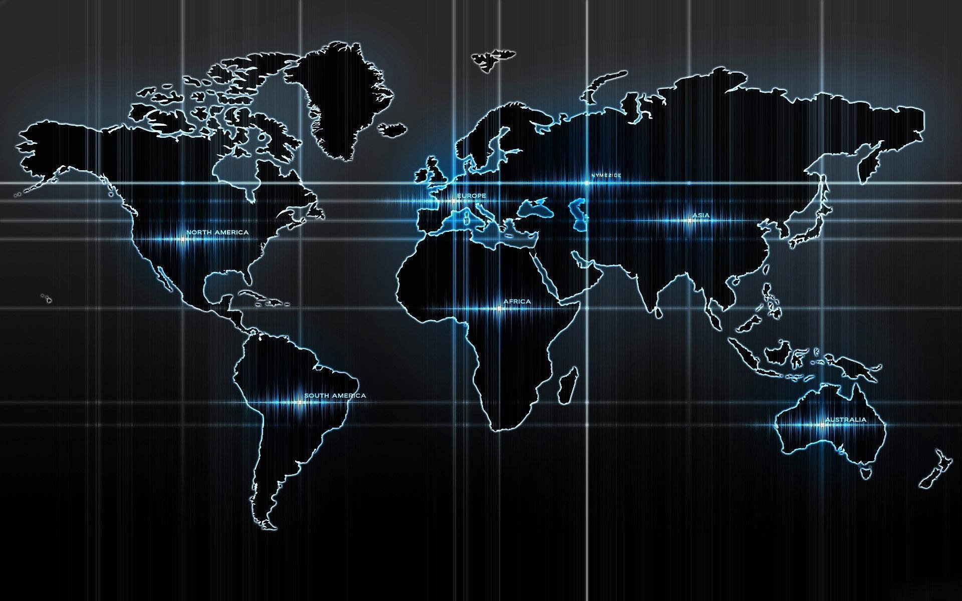 glowing blue digital world map, grid lines, labeled continents, Full HD Desktop Wallpaper