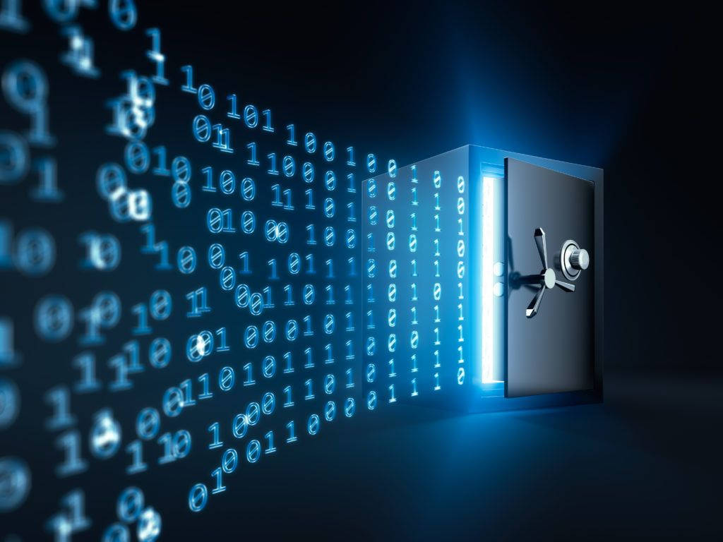 digital safe door, cascading blue binary code, dark futuristic space, SD Desktop Wallpaper