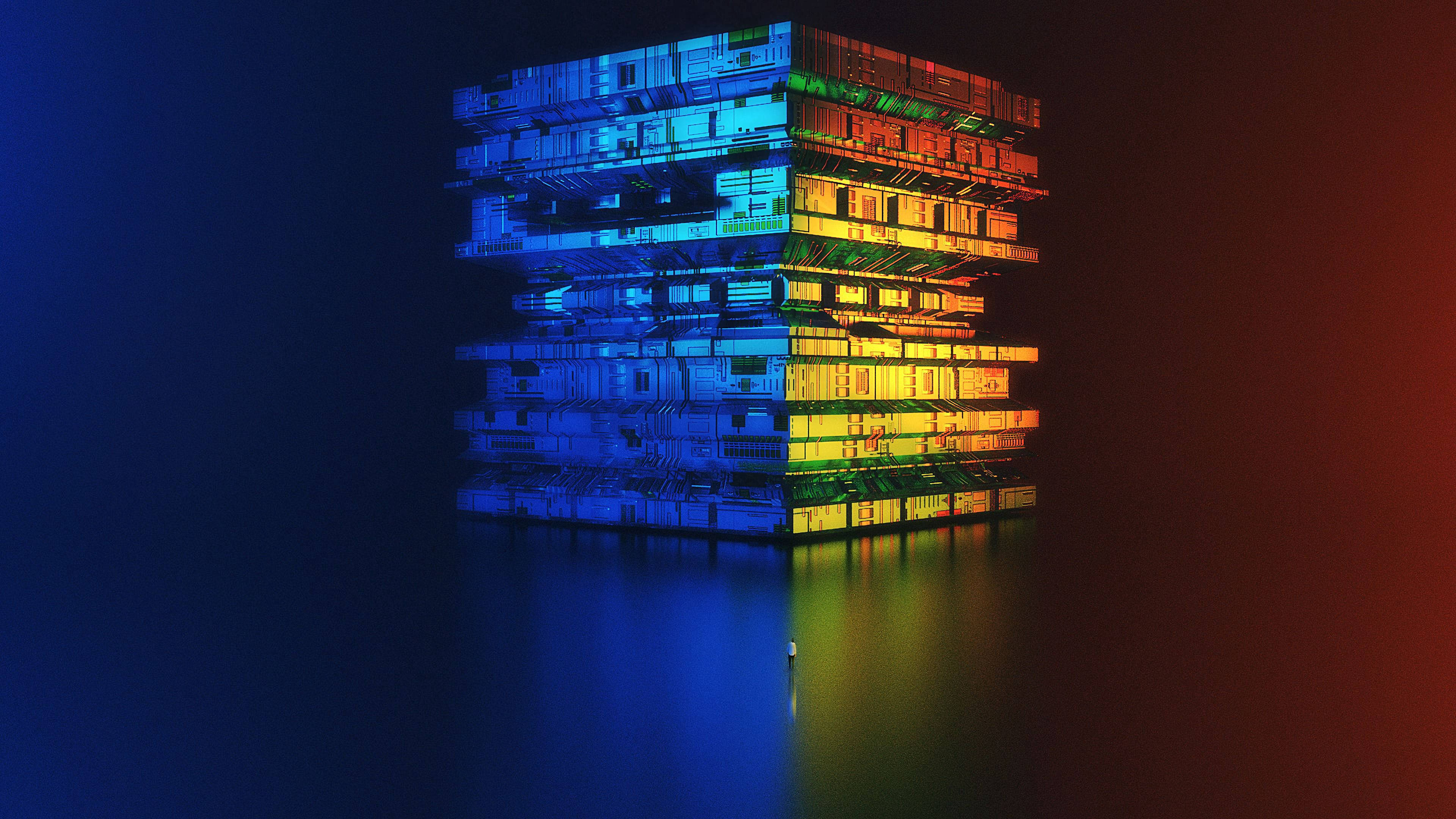 futuristic building, rainbow neon lights, dark water, 4K Desktop Wallpaper