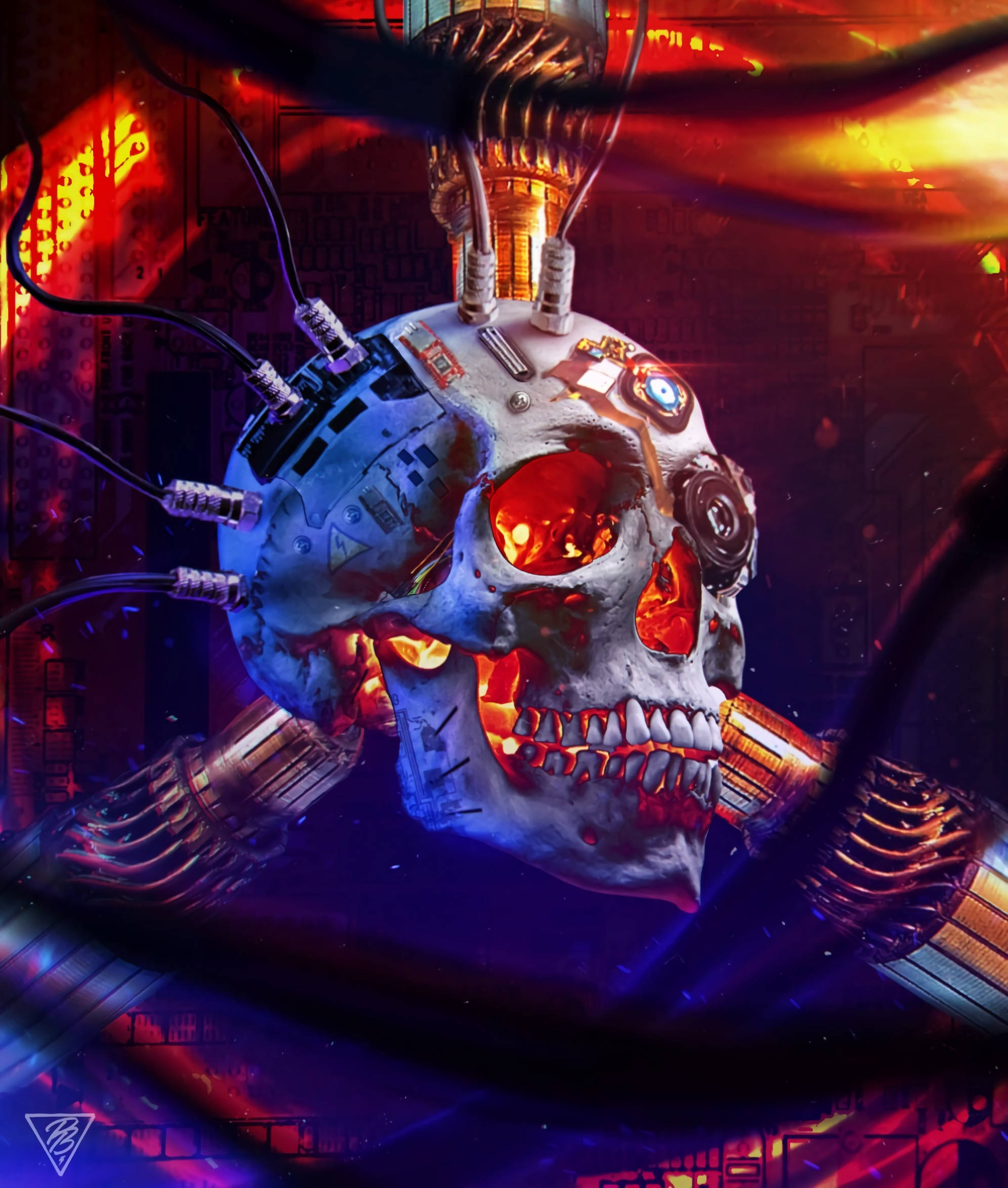 cybernetic skull, glowing red eyes, wires pulses, Full HD Phone Wallpaper