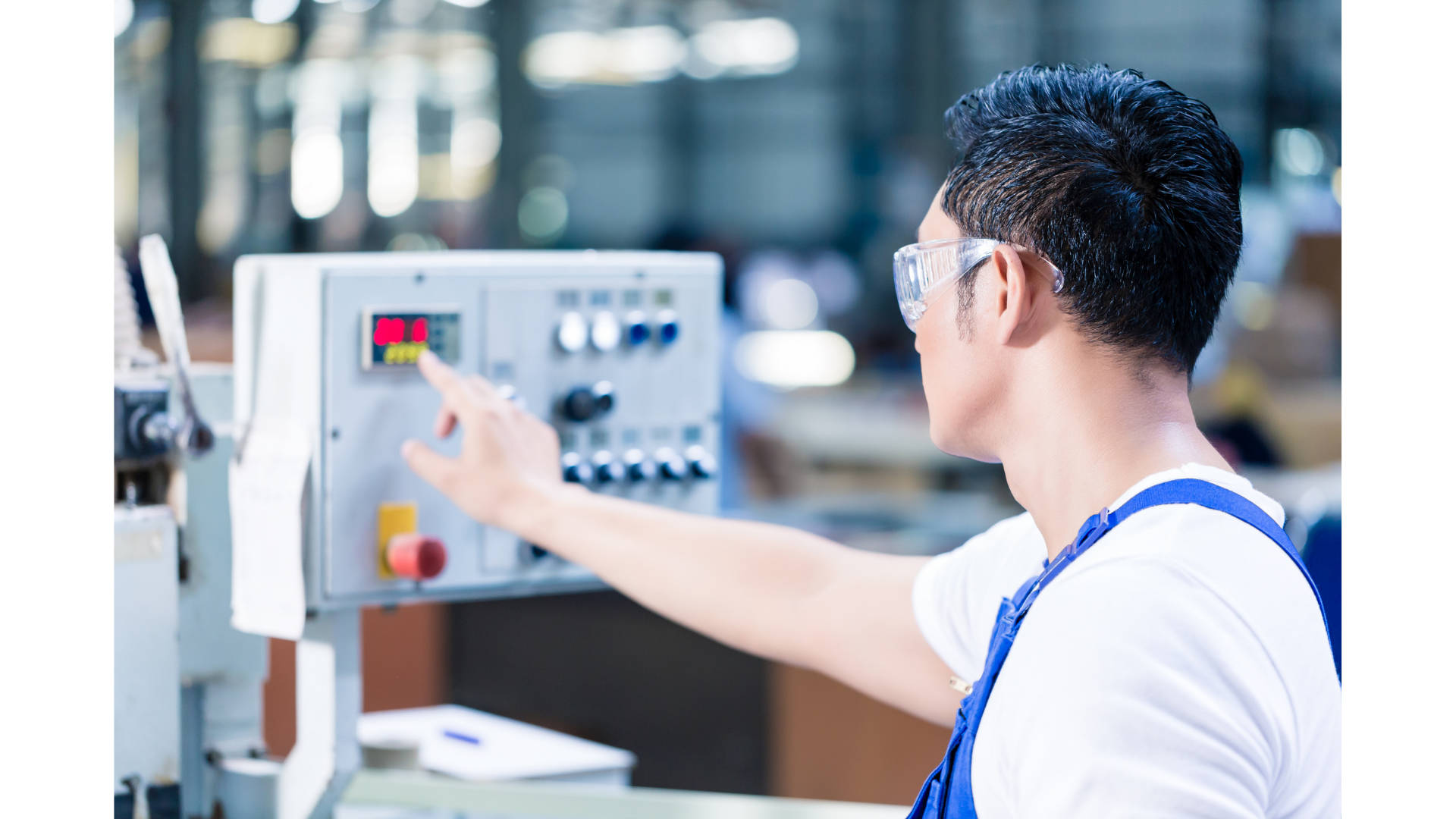 blue overalls, safety glasses, machine control panel, Full HD Desktop Wallpaper