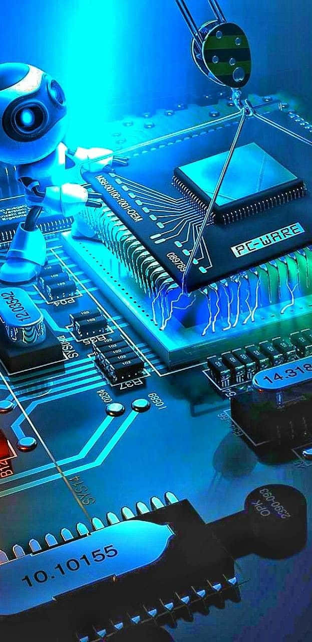 glowing blue robotic arm, chip, detailed circuit board, HD Phone Wallpaper