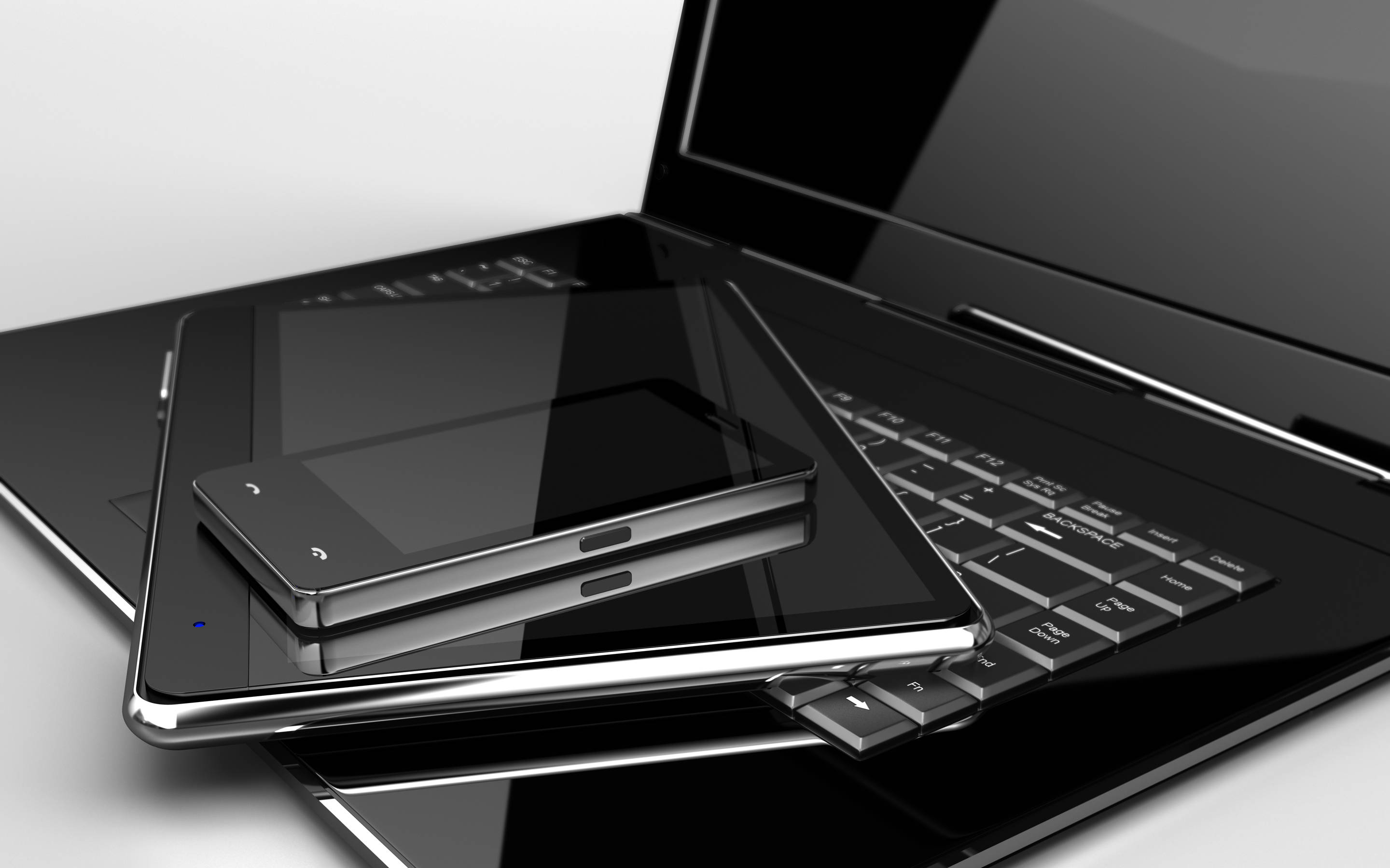 sleek black laptop, two smartphones, minimalist white background, 2K Desktop Wallpaper