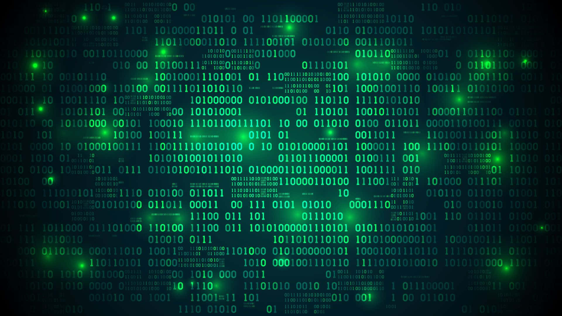 green glowing binary code, dark digital void, floating data particles, Full HD Desktop Wallpaper