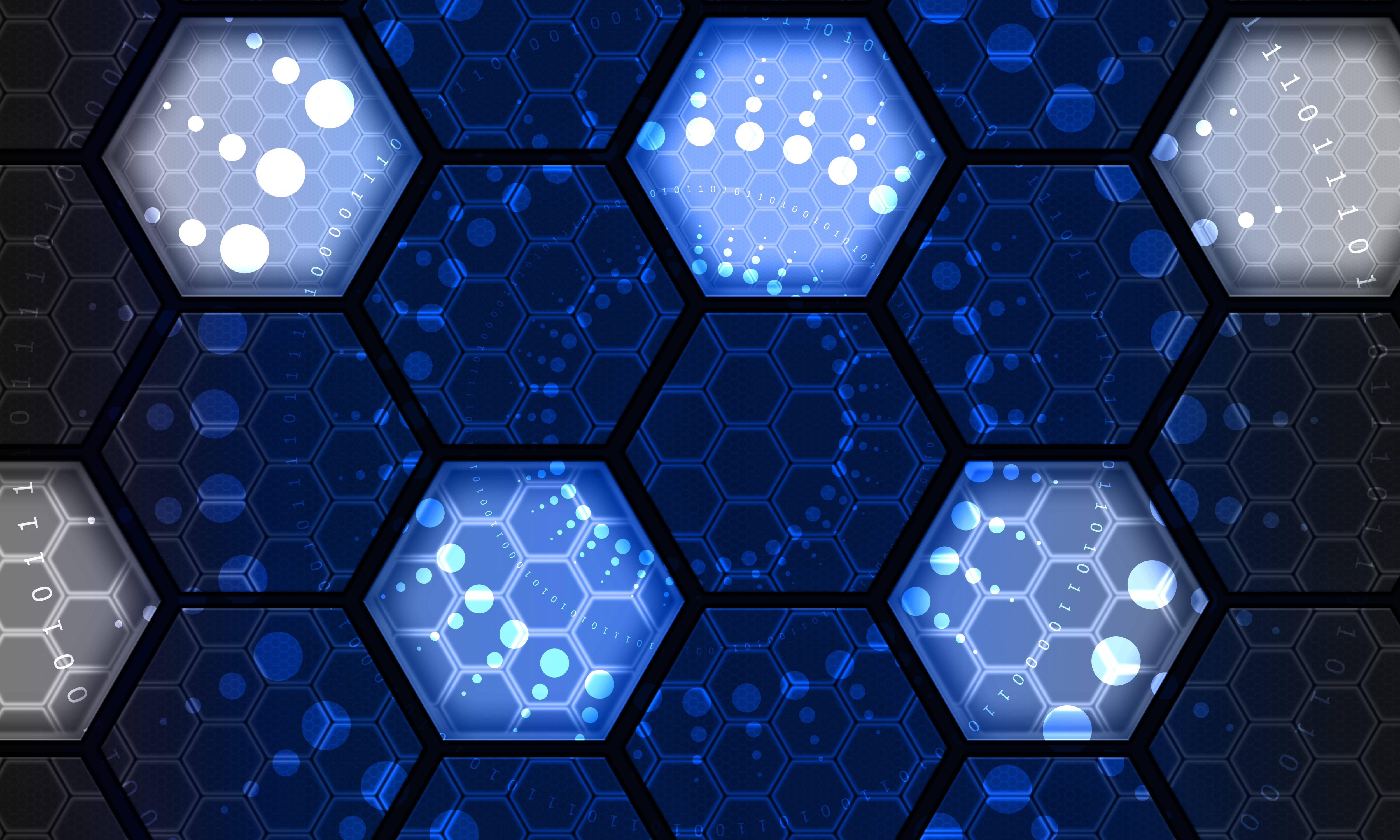 futuristic, blue hexagonal grid, glowing data points, 4K Desktop Wallpaper