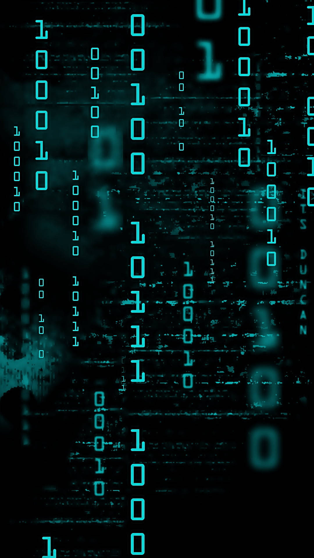 glowing cyan binary code, dark glitchy background, digital rain, Full HD Phone Wallpaper