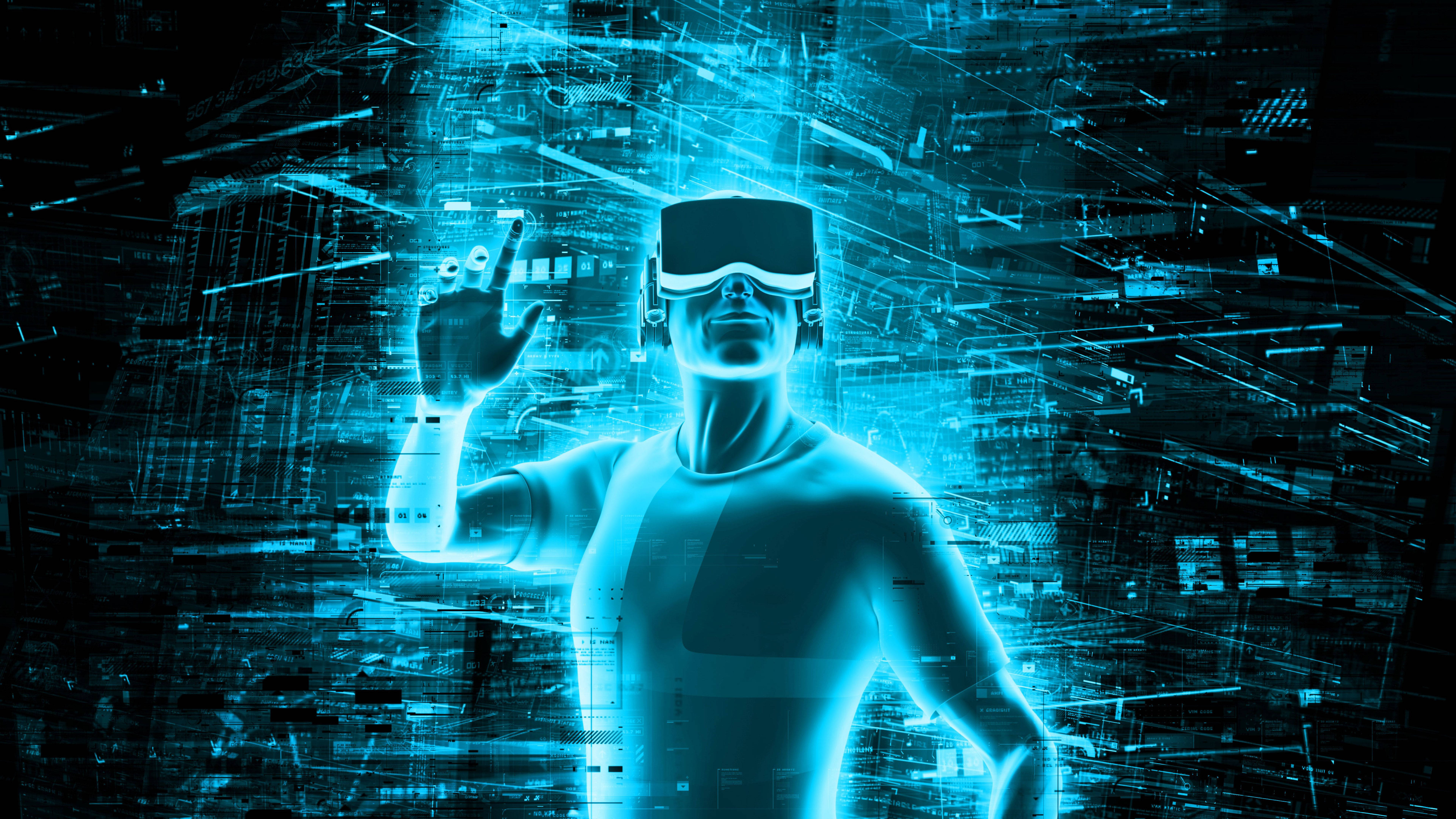 glowing blue humanoid figure, VR headset, floating digital data streams, 8K Desktop Wallpaper