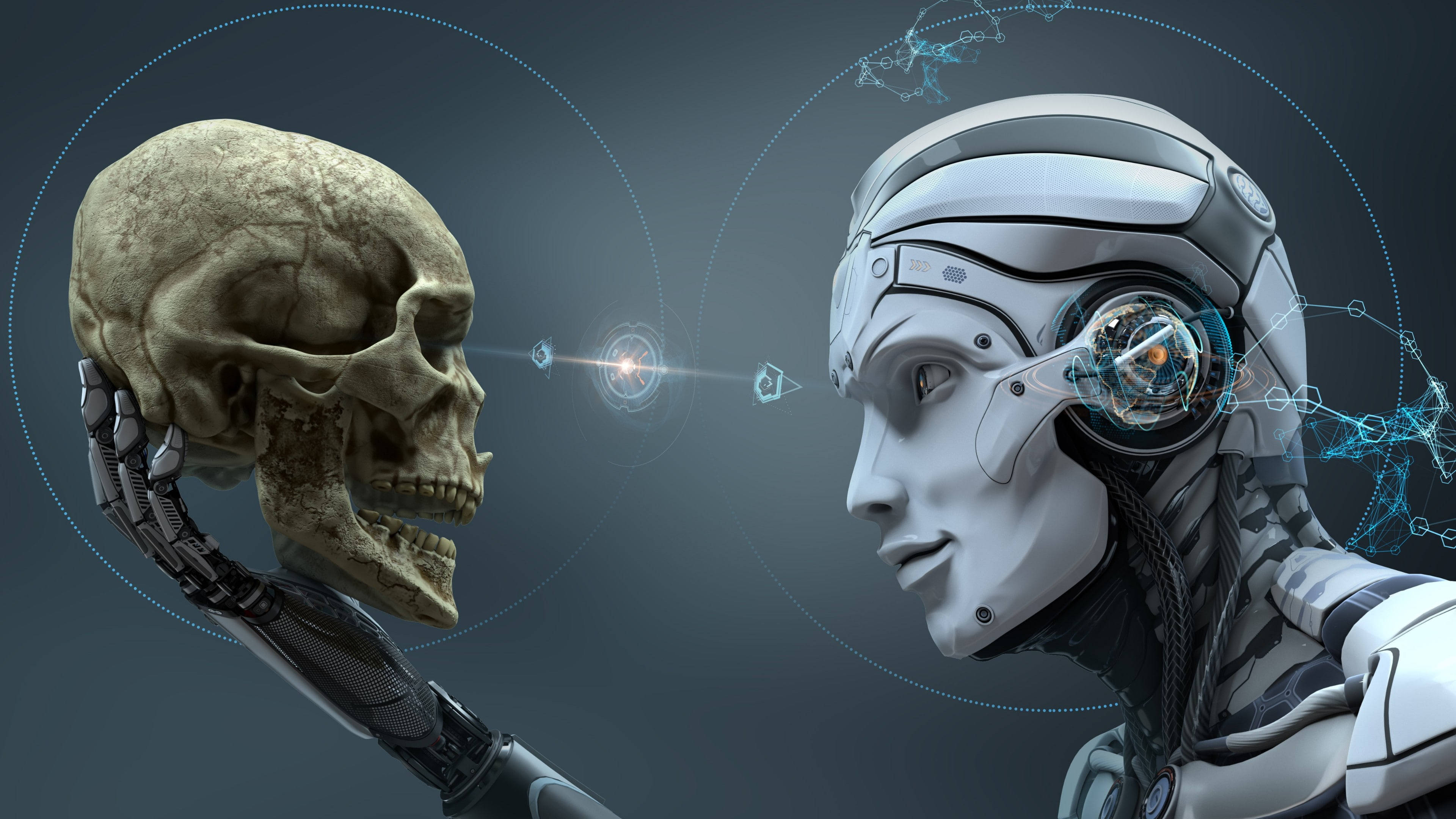 futuristic robot, human skull, glowing data stream, 4K Desktop Wallpaper