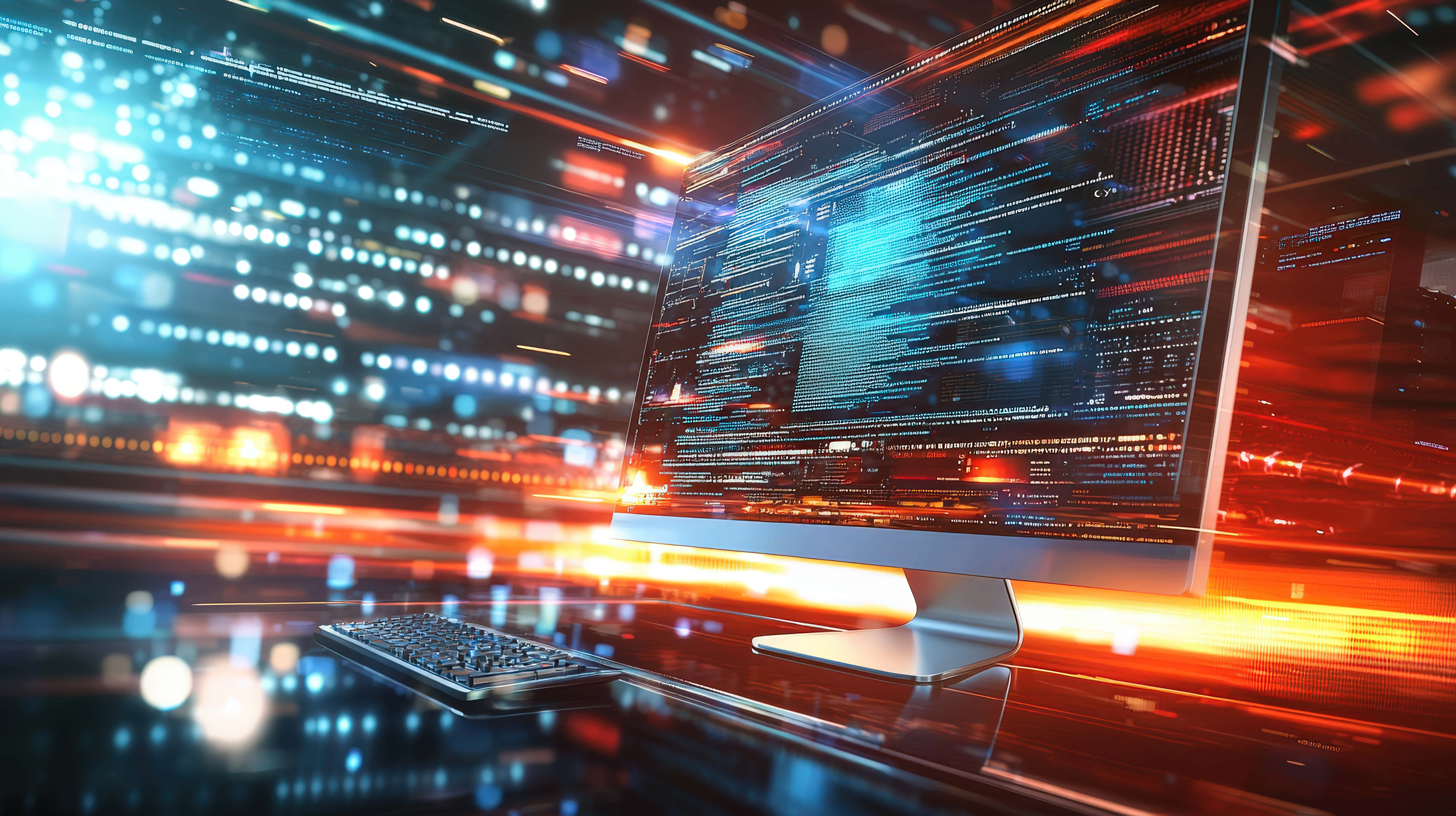 glowing blue code, vibrant background of streaking orange and blue digital lights, sleek computer monitor, 8K Desktop Wallpaper