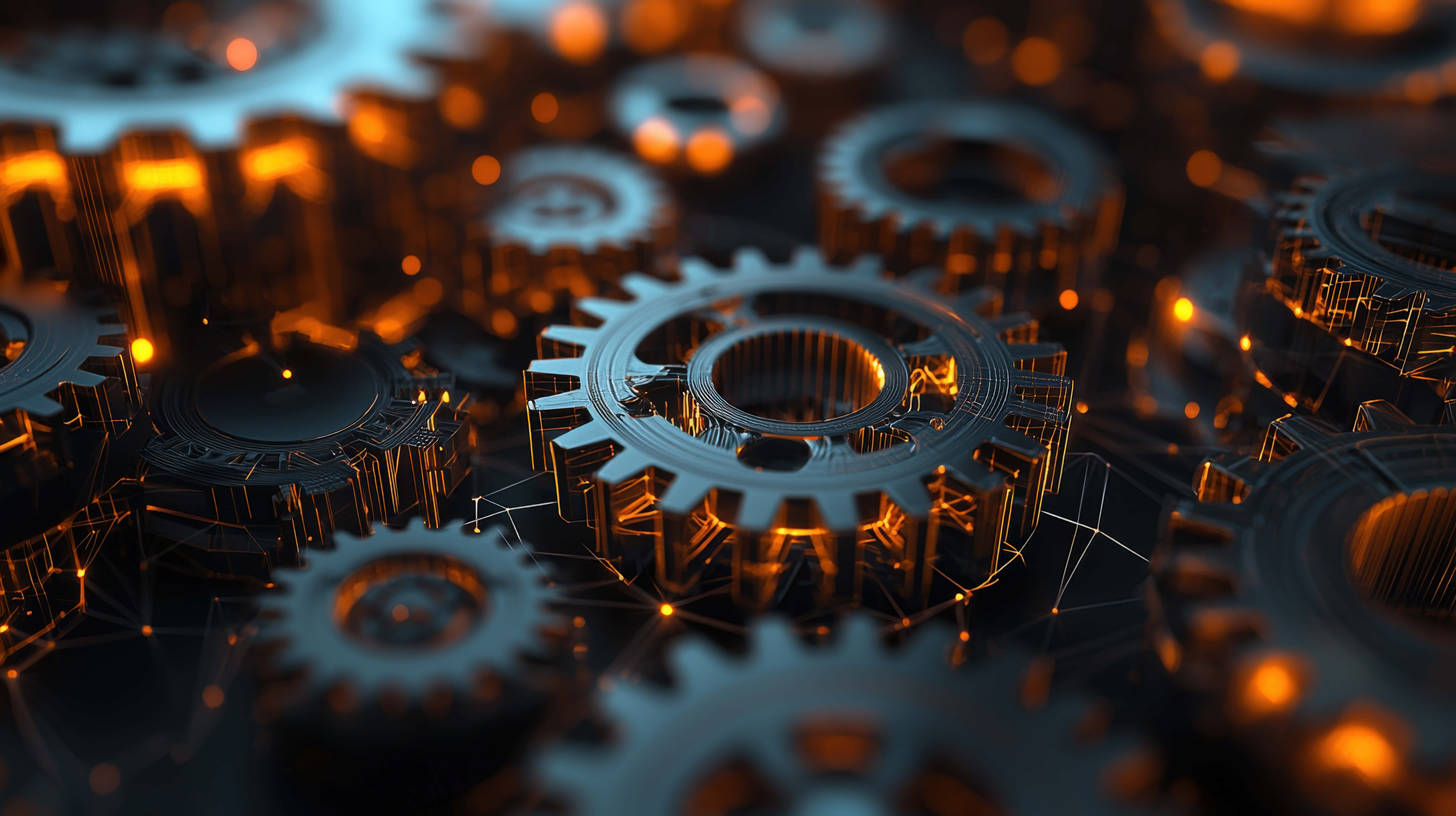 interconnected gears, glowing orange highlights, metallic gears, 8K Desktop Wallpaper